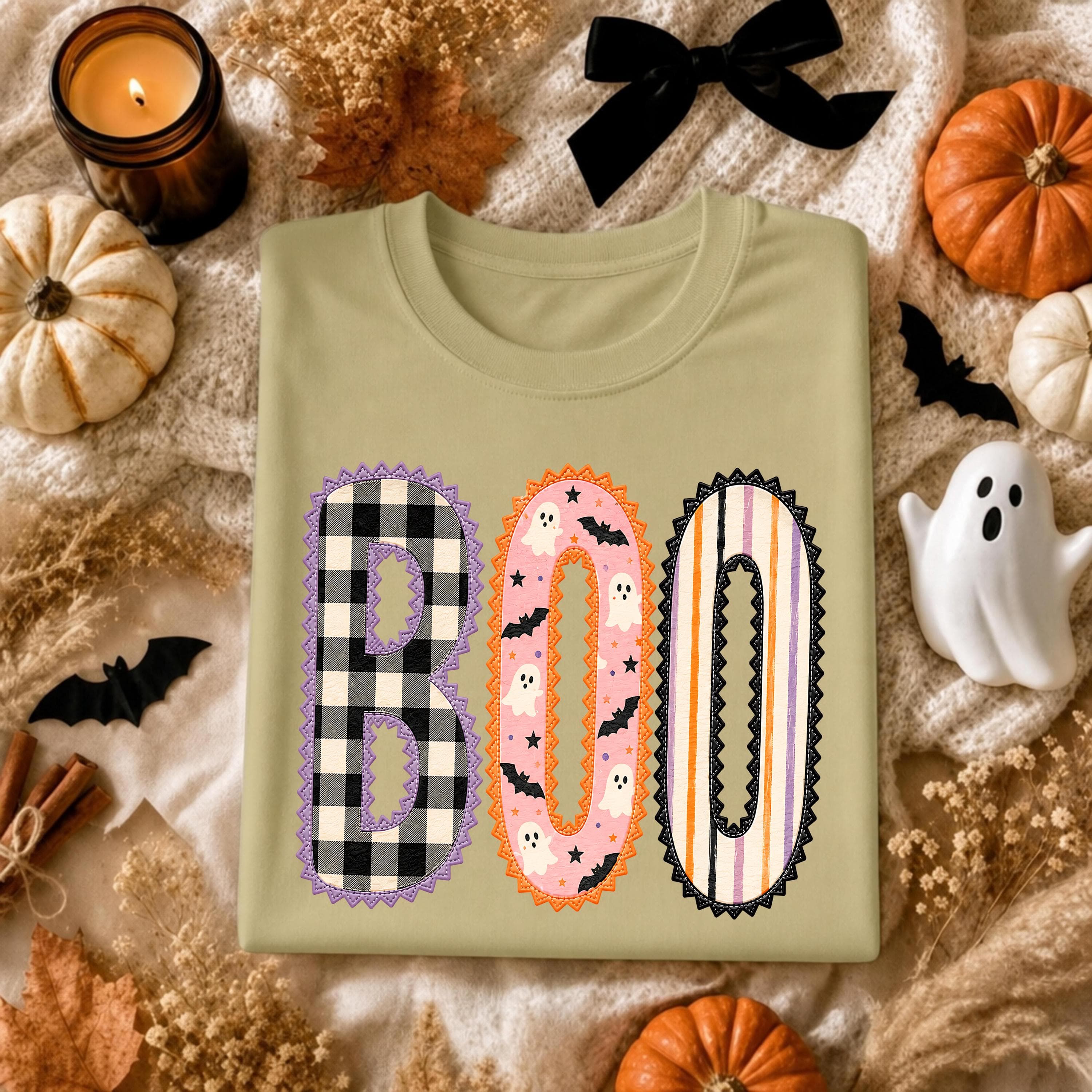 Boo Halloween T-Shirt Cute Patchwork Ghost Shirt Retro Buffalo Plaid Stripes Halloween Graphic Tee Spooky Season Shirt Cute Fall Halloween - image 4