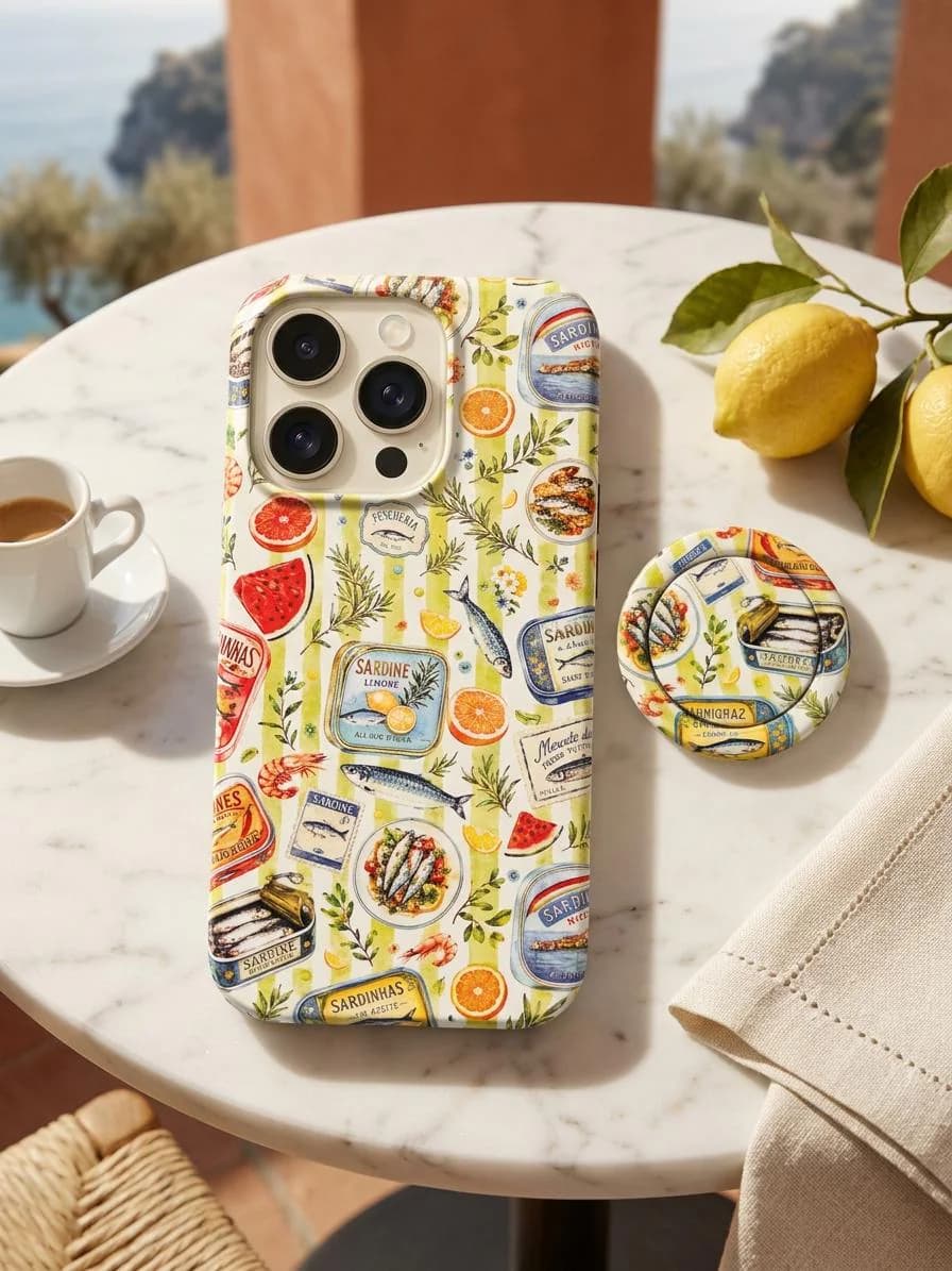 Sardine Phone Case with MagSafe Ring Holder, Tinned Fish iPhone Case, Mediterranean Summer, Foodie Gift for Her, Christmas Birthday Gift