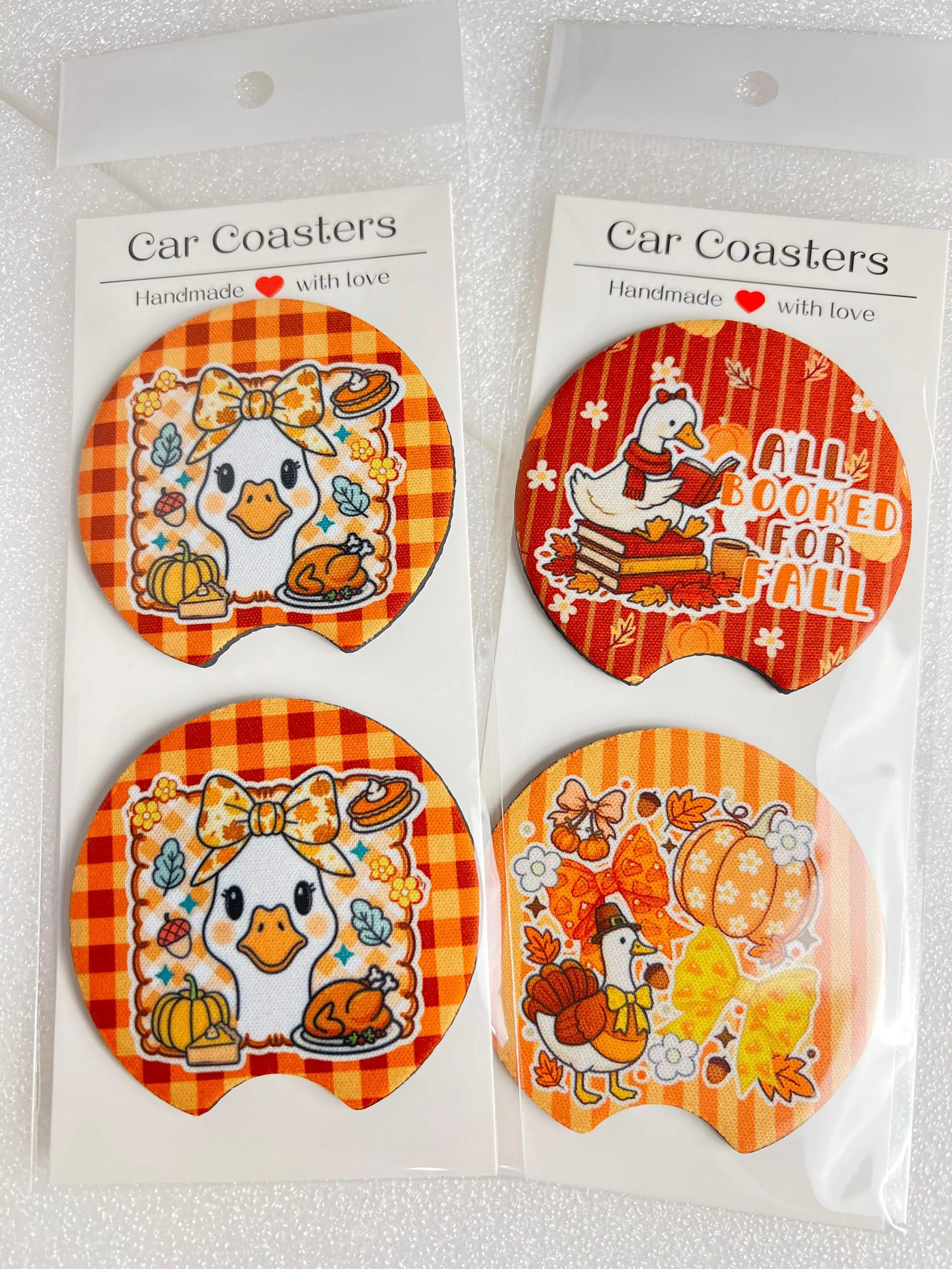 Cute Fall Car Coasters Pair, Thanksgiving Turkey Plaid Duck Cup Holder Coaster, Autumn Gift for Her, New Car Accessories, Handmade Gift