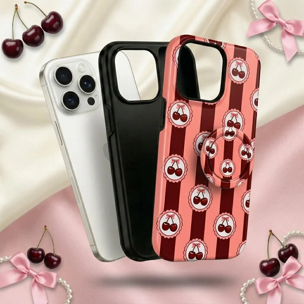 Cherry Phone Case with MagSafe Ring Holder, Coquette Cherry Bow iPhone Case, Pink Burgundy Stripe, Gift for Her, Christmas Birthday Gift - image 4