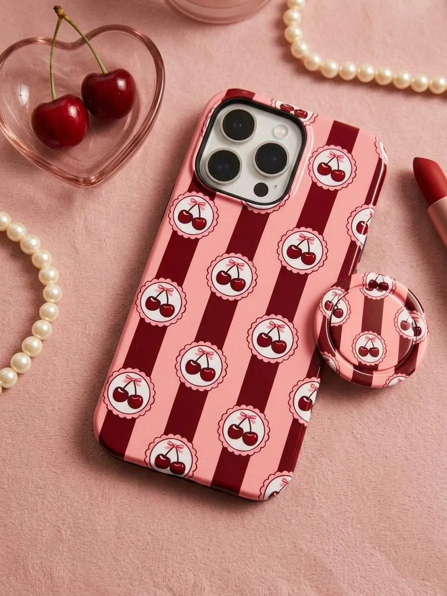 Cherry Phone Case with MagSafe Ring Holder, Coquette Cherry Bow iPhone Case, Pink Burgundy Stripe, Gift for Her, Christmas Birthday Gift - image 3