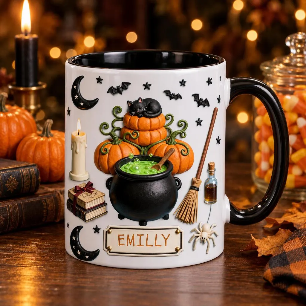 Custom Halloween Mug 3D Personalized Witchy Name Coffee Cup Spooky Cauldron Black Cat Pumpkin Tea Mug Cute Ghostly Gift for Her