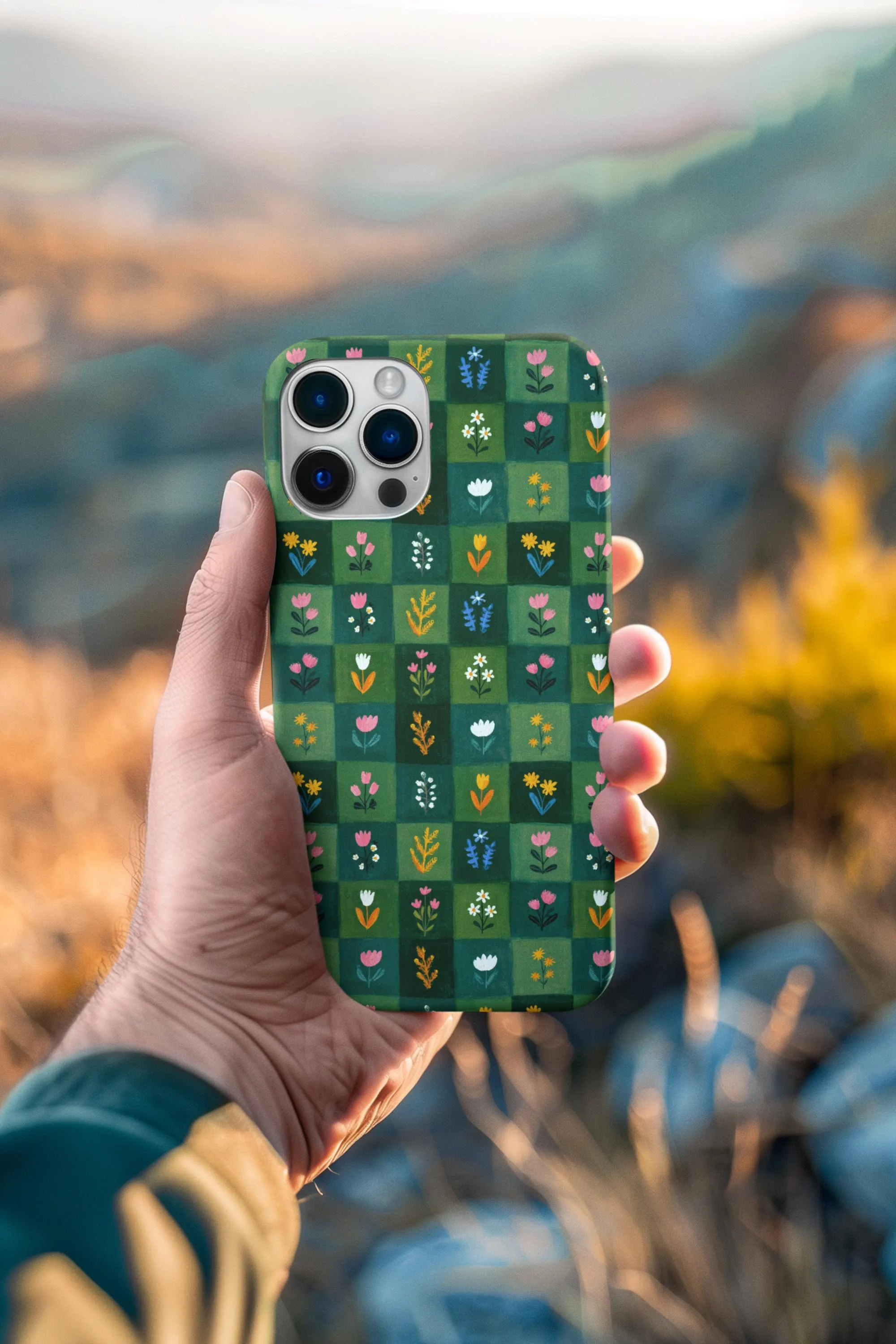 Green Floral Checker iPhone Case | Folk Botanical Cottagecore Phone 15 16 Pro Max