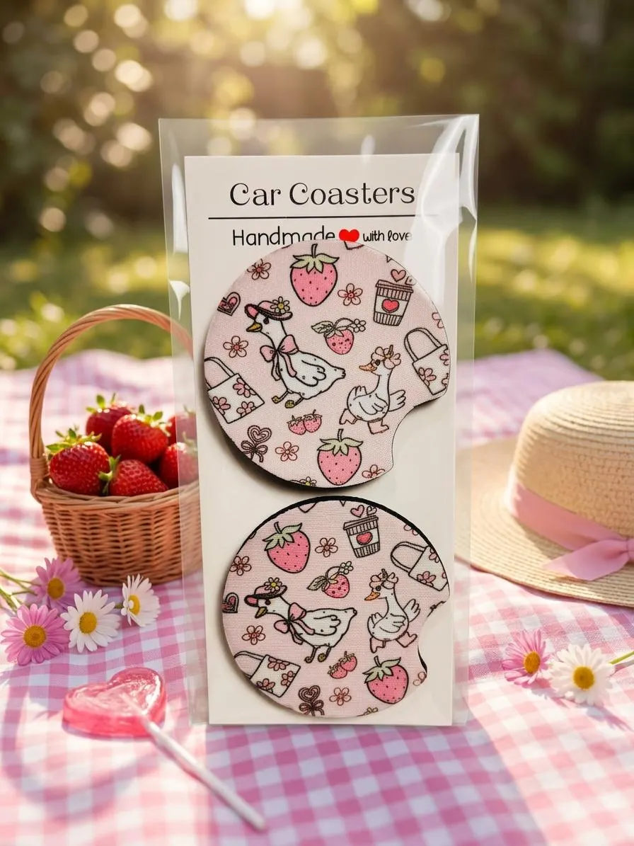 Strawberry Goose Car Coasters Set, Cute Pink Duck Bow Car Accessories, Neoprene Cup Holder Coasters, Strawberry Girl Gift, New Driver Gift
