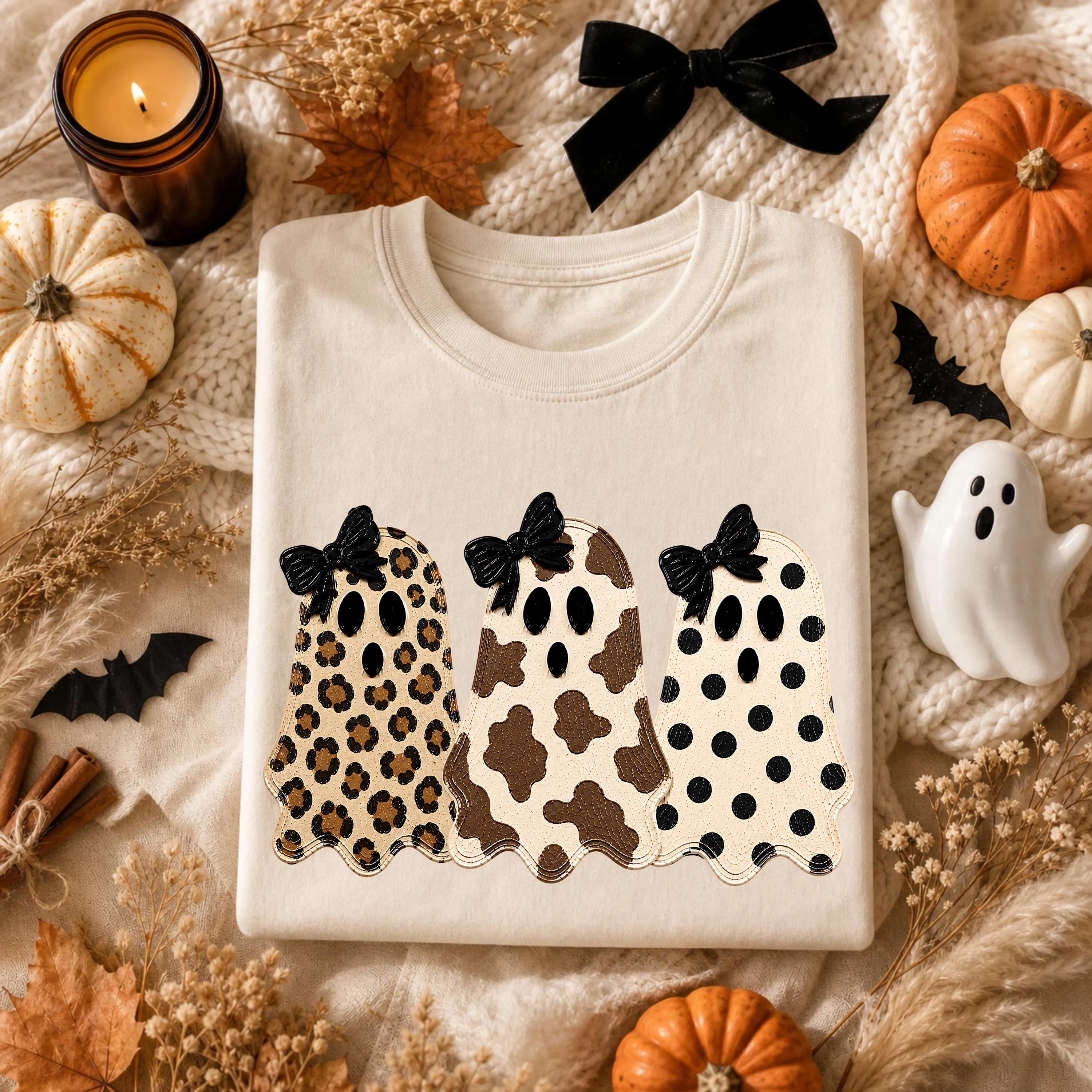 Coquette Bow Ghost T-Shirt Cute Leopard Cow Print Polka Dot Ghost Shirt Preppy Spooky Season Halloween Tee Trendy Girly Fall Graphic Shirt