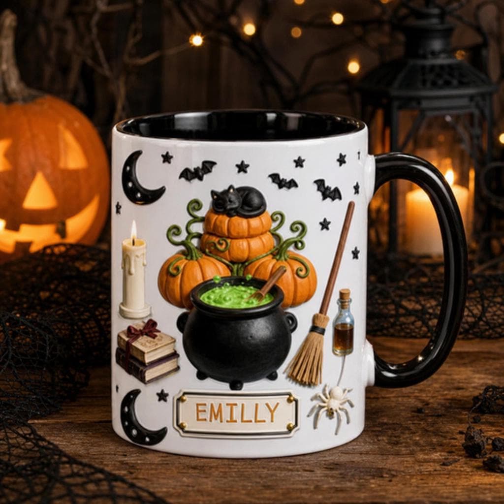 Custom Halloween Mug 3D Personalized Witchy Name Coffee Cup Spooky Cauldron Black Cat Pumpkin Tea Mug Cute Ghostly Gift for Her - image 3