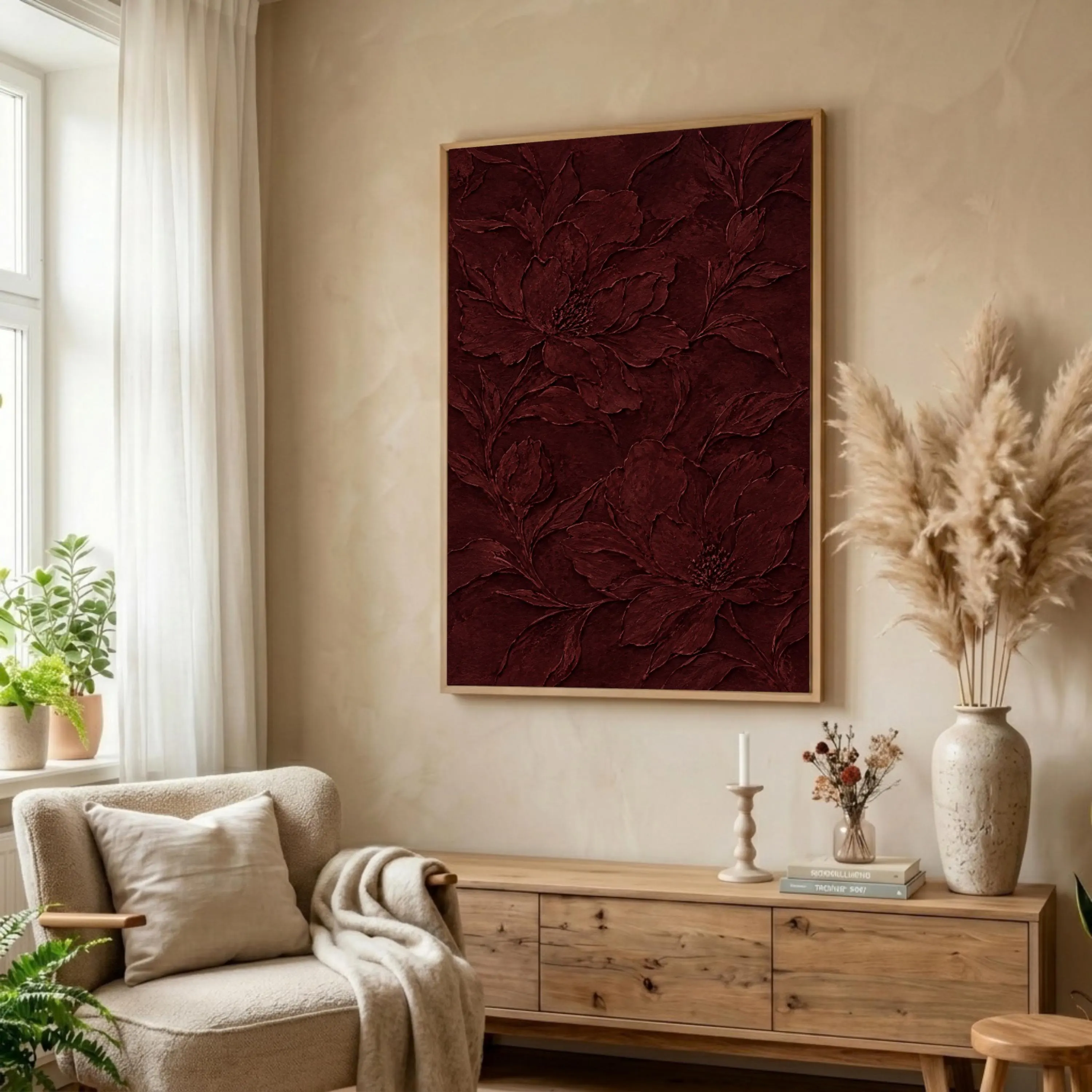 Elegant Burgundy Floral Canvas Wall Art: Impasto Flower Painting, Framed Modern Botanical Living Room - image 5