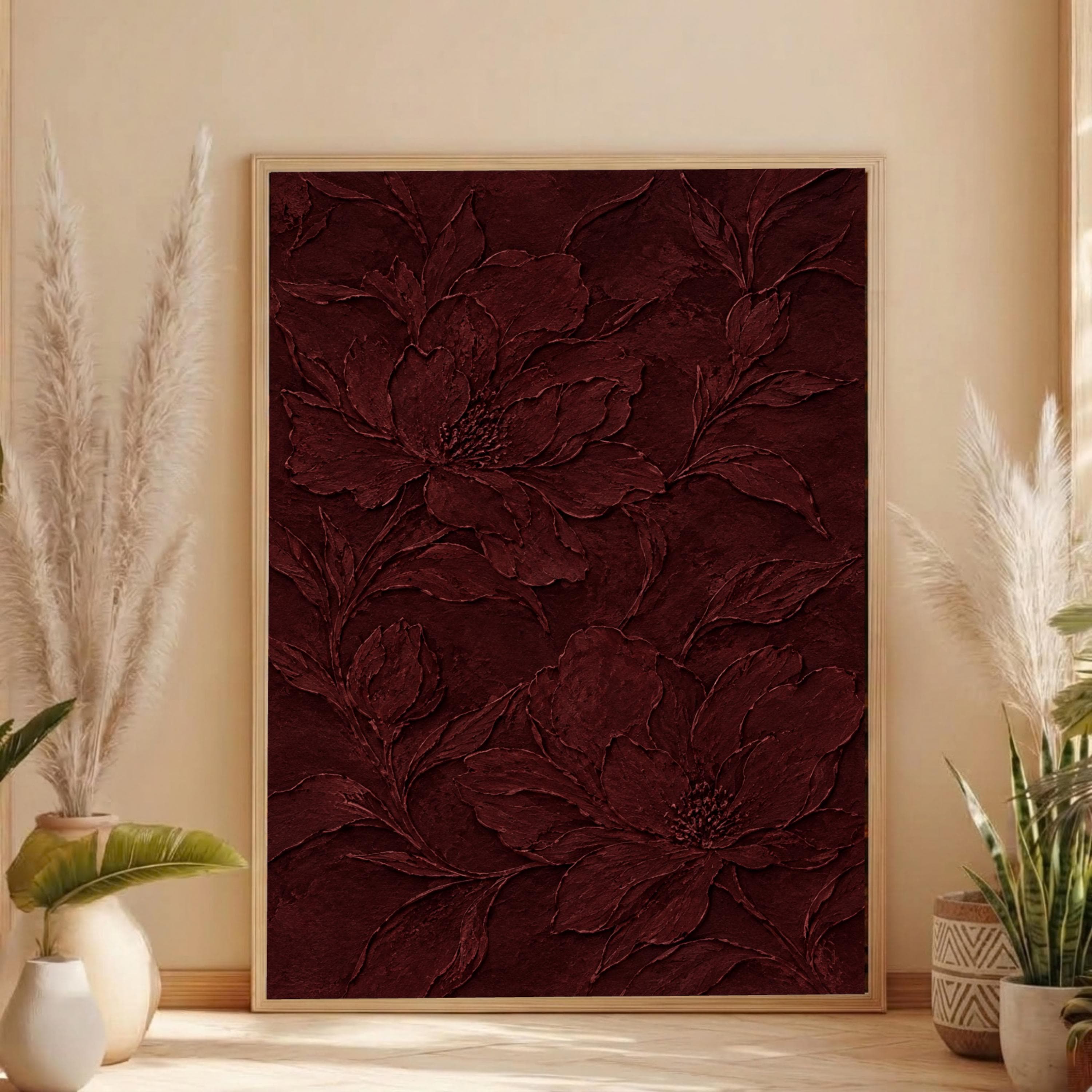 Elegant Burgundy Floral Canvas Wall Art: Impasto Flower Painting, Framed Modern Botanical Living Room