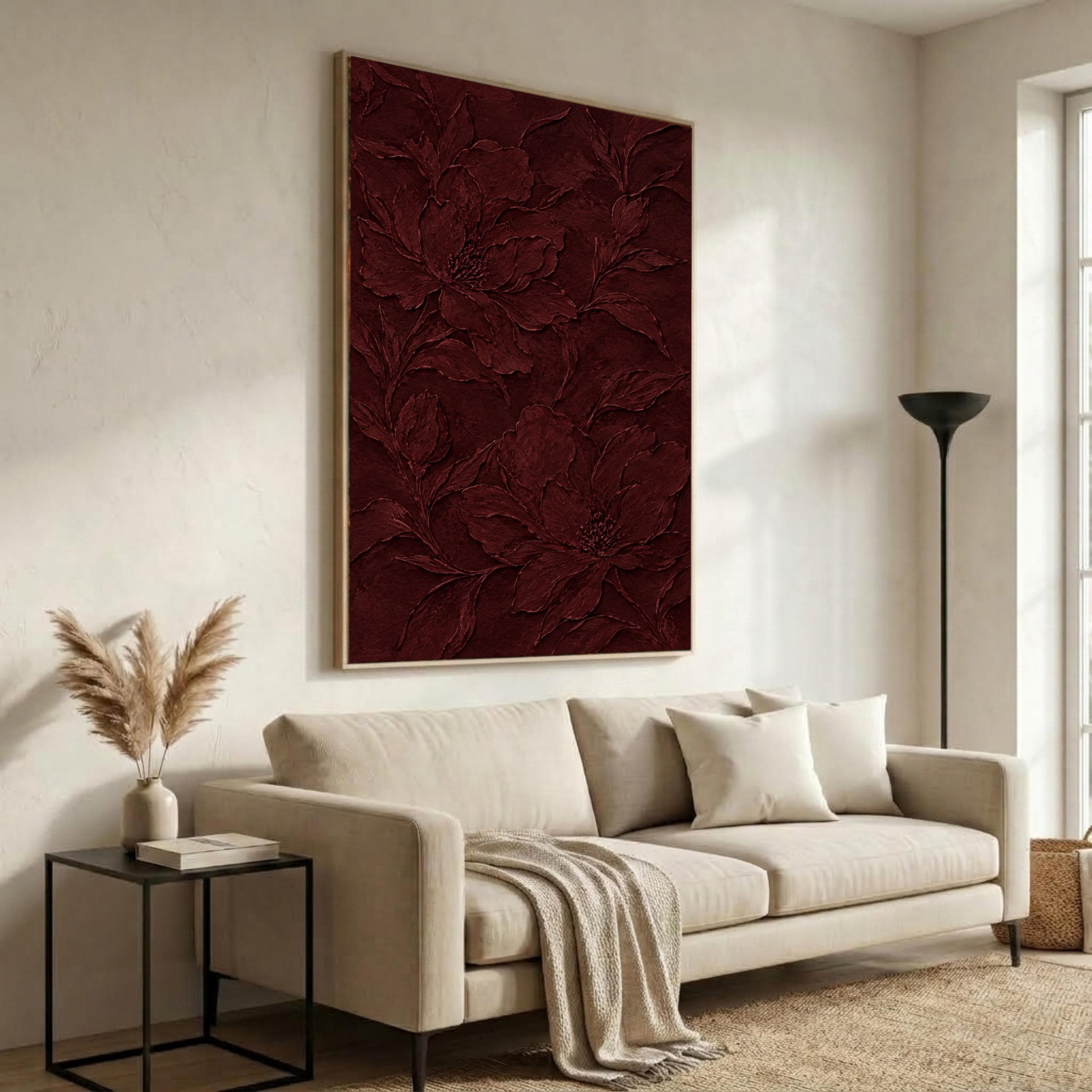 Elegant Burgundy Floral Canvas Wall Art: Impasto Flower Painting, Framed Modern Botanical Living Room - image 3