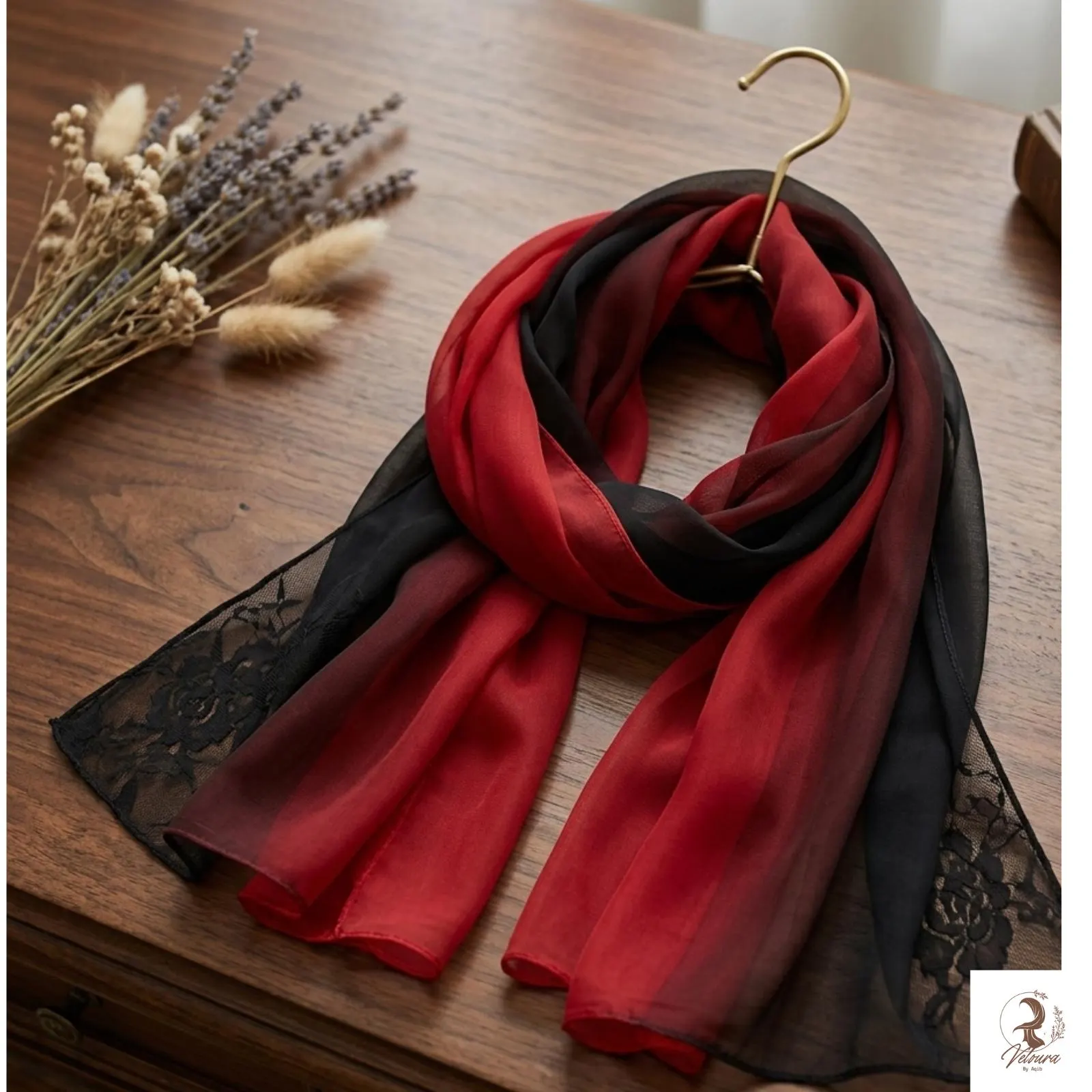 Gradient Chiffon Scarf, Lightweight Ombre Shawl, Elegant Lace Trim Wrap