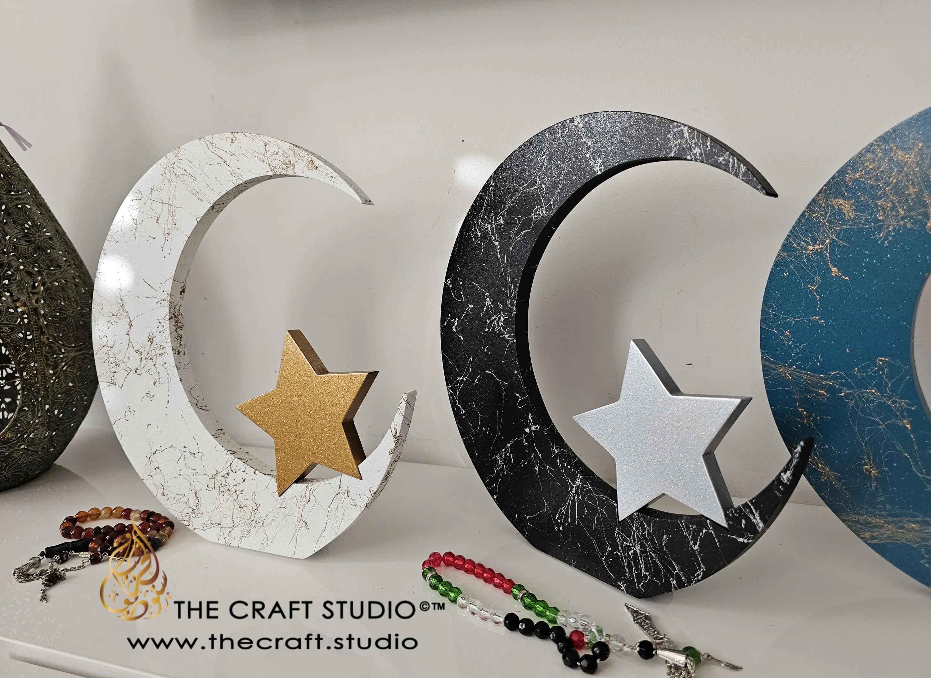Crescent Moon and Star Decor in white or black with a variety of star colours