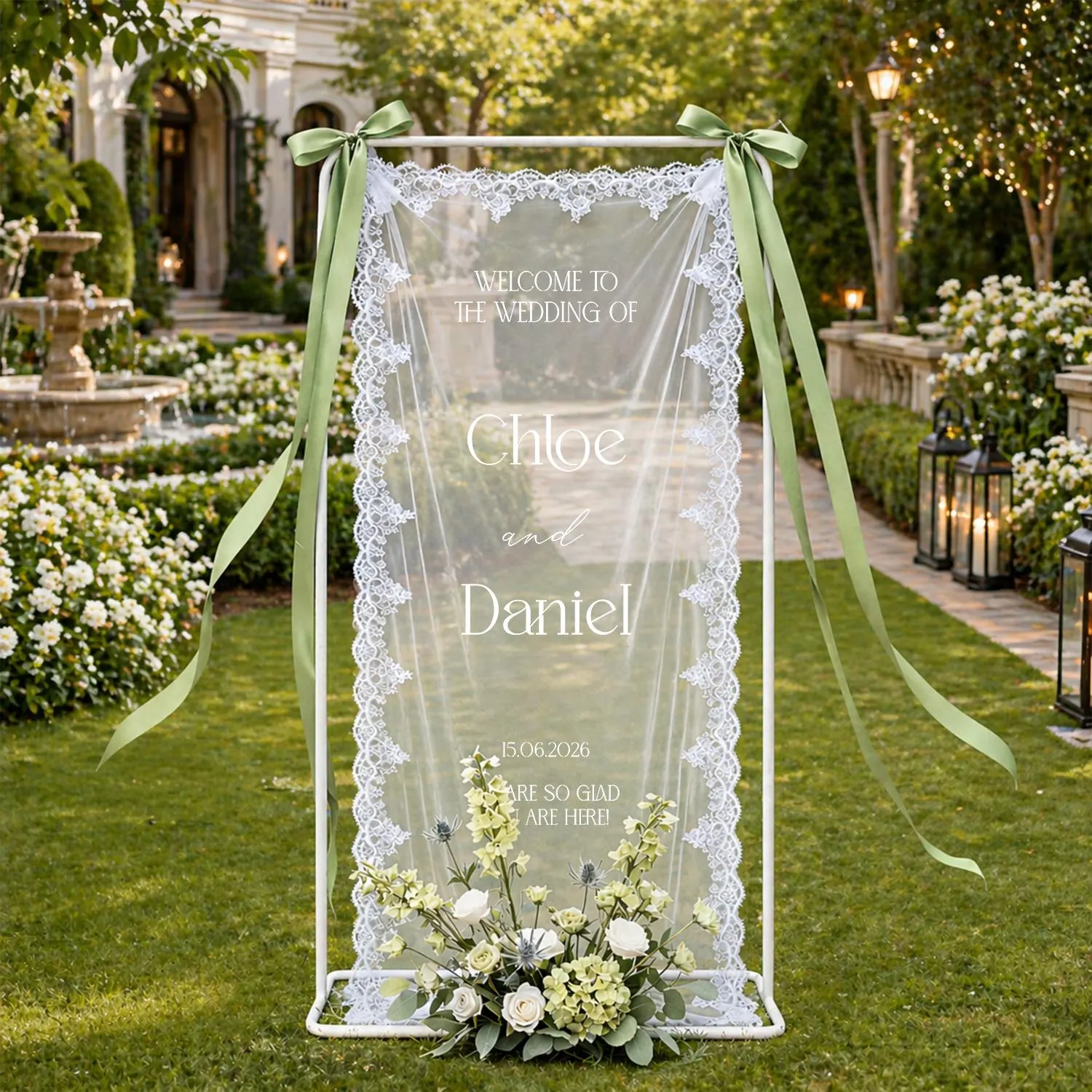 Personalized Lace Wedding Welcome Banner, Custom Bride Groom Names Sign, Elegant Sheer Ceremony Decor with Date