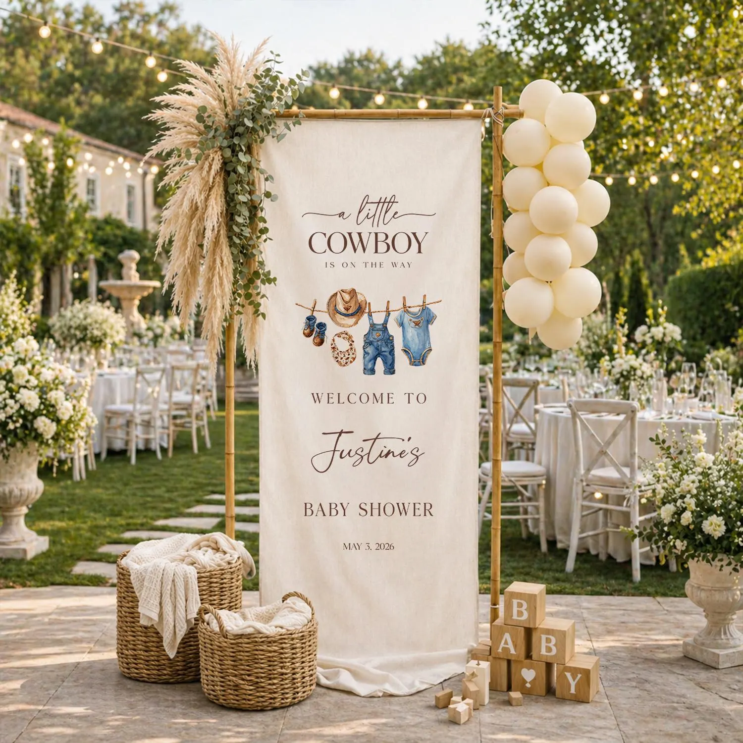 Personalized Cowboy Baby Shower Banner, Little Cowboy Welcome Sign, Western Baby Shower Tapestry, Baby Boy Party Decor