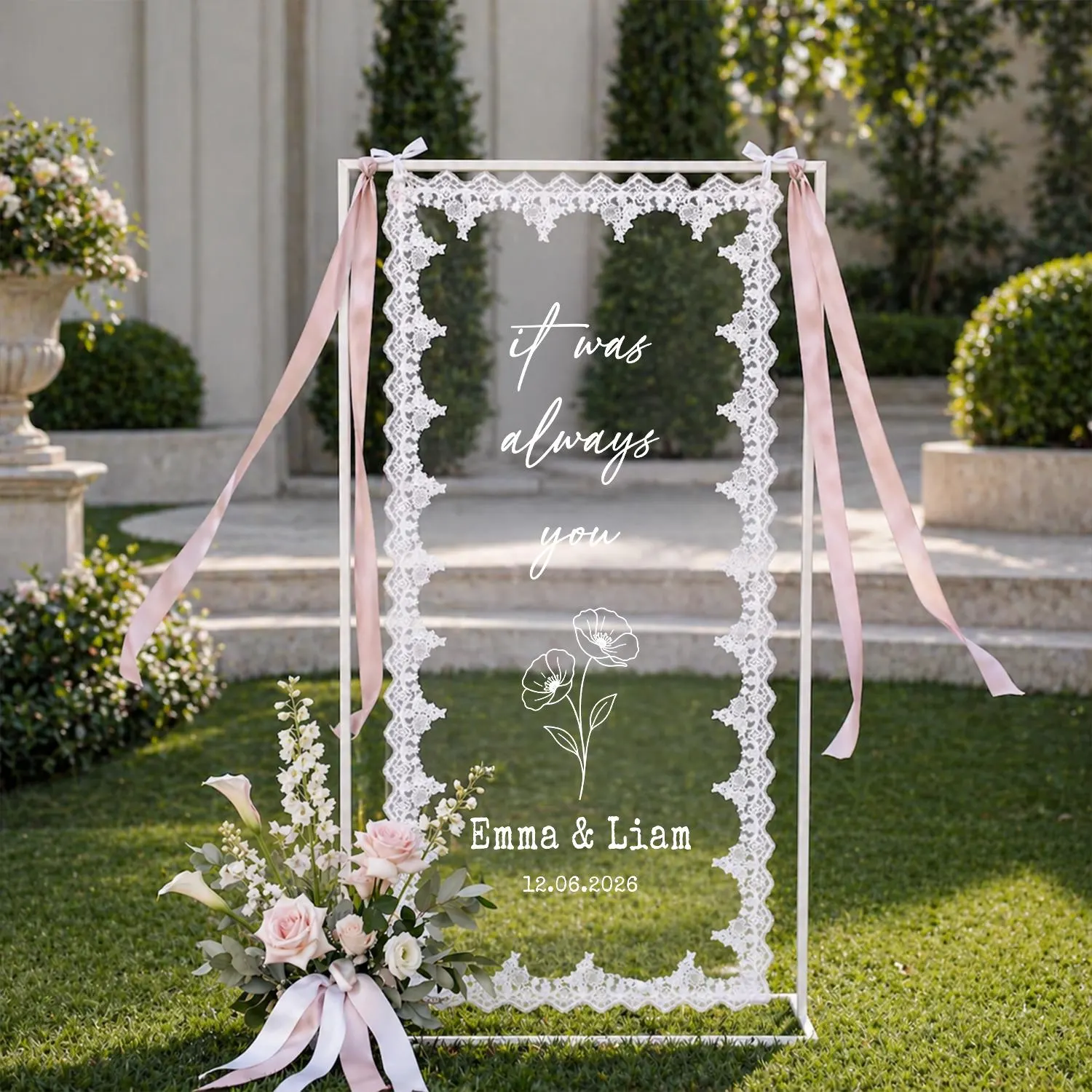 Lace Trim Wedding Quote Banner, Sheer Bridal Shower Backdrop, Romantic Ceremony Decor with Custom Names and Date - image 3