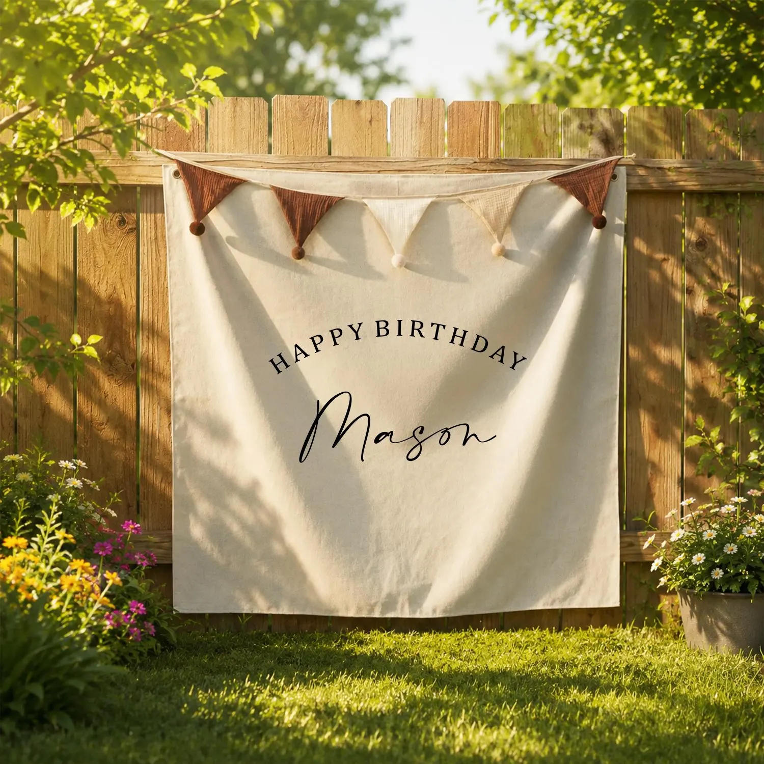 Personalized Happy Birthday Tapestry Banner, Custom Name Fabric Wall Hanging, Minimalist Birthday Party Decor