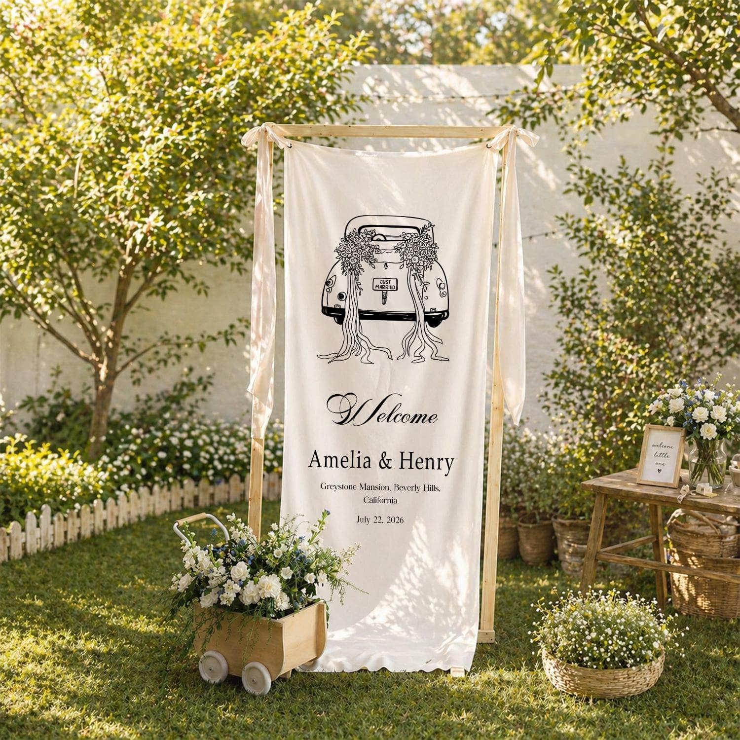 Personalized Wedding Welcome Banner, Custom Bridal Shower Sign, Couple Names Date Venue Linen Hanging Decor