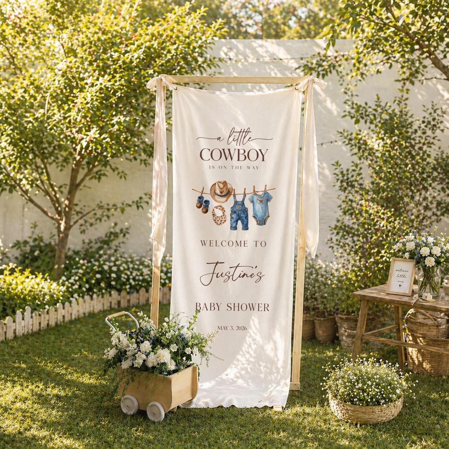 Personalized Cowboy Baby Shower Banner, Little Cowboy Welcome Sign, Western Baby Shower Tapestry, Baby Boy Party Decor - image 5