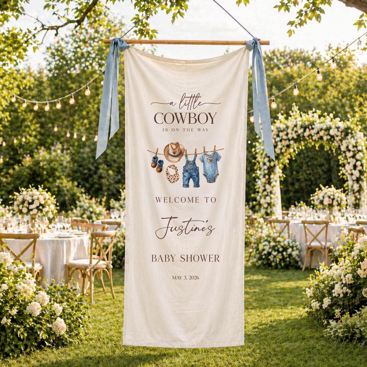 Personalized Cowboy Baby Shower Banner, Little Cowboy Welcome Sign, Western Baby Shower Tapestry, Baby Boy Party Decor - image 4
