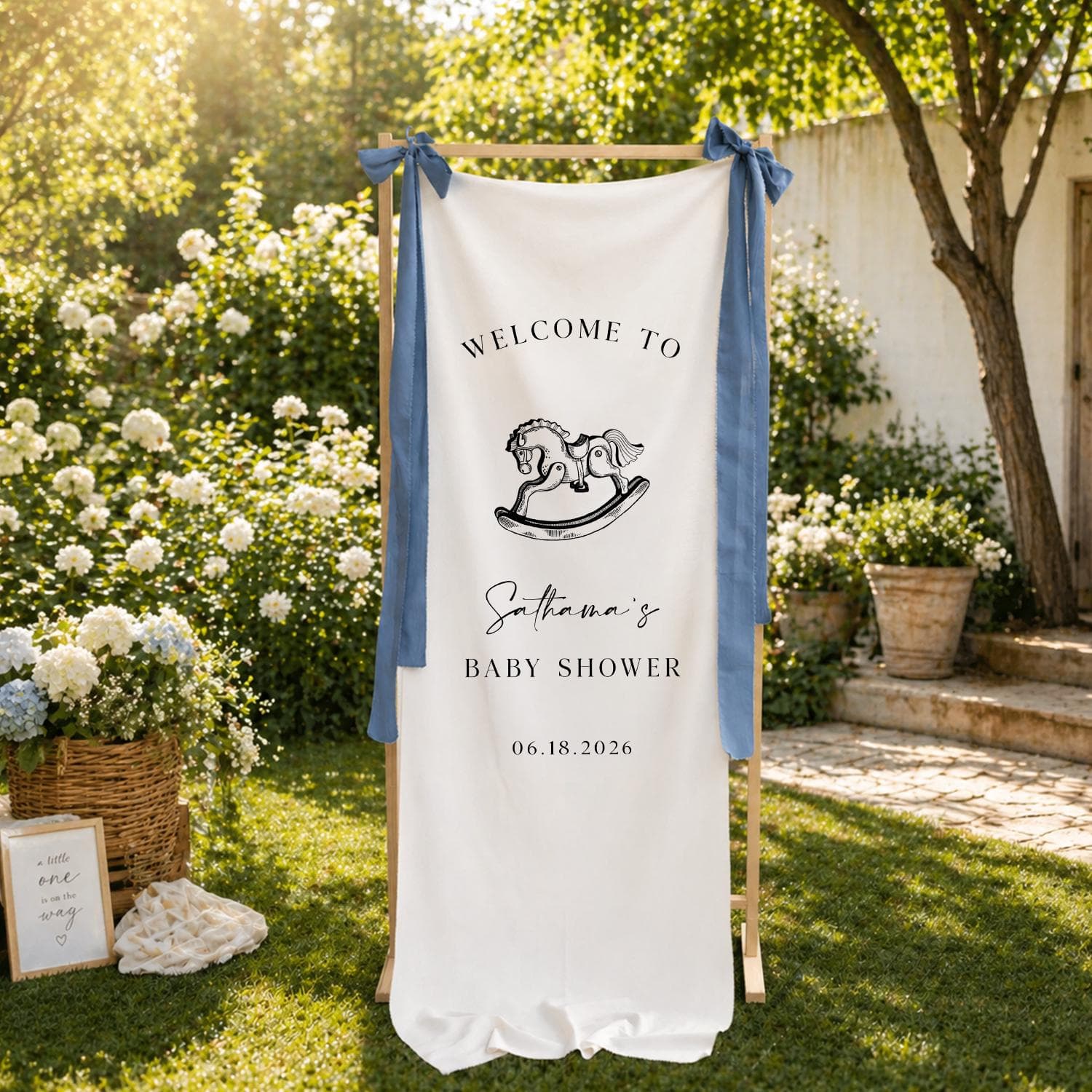 Personalized Rocking Horse Baby Shower Banner, Custom Nursery Theme Welcome Sign, Baby Shower Backdrop Decor