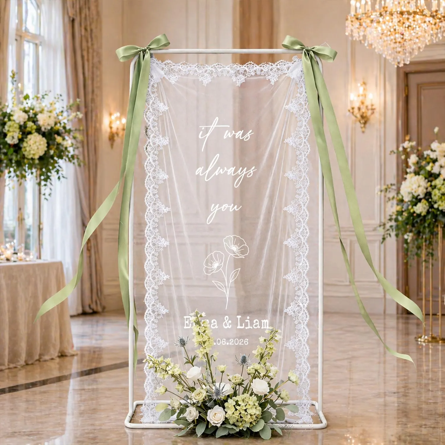 Lace Trim Wedding Quote Banner, Sheer Bridal Shower Backdrop, Romantic Ceremony Decor with Custom Names and Date - image 4