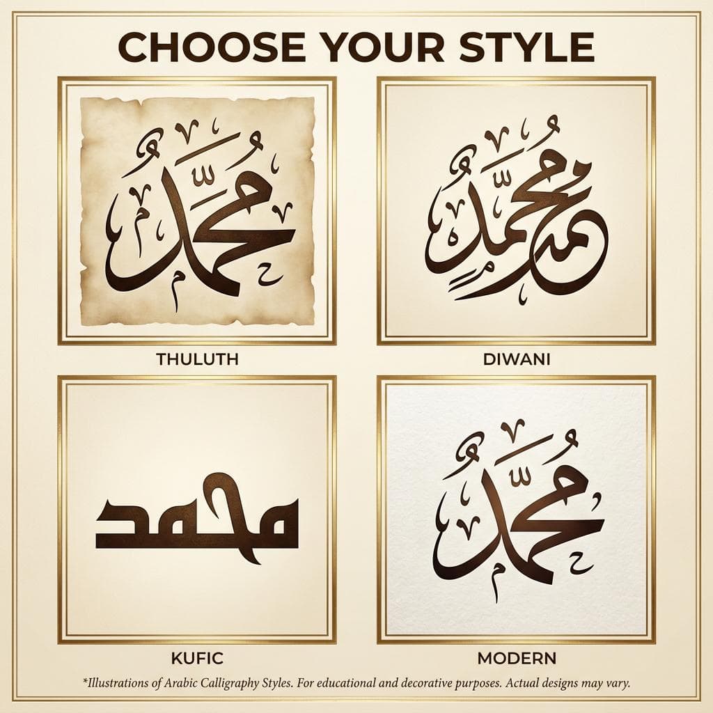 Arabic name calligraphy choose your style Thuluth Diwani Kufic Modern Muhammad sample