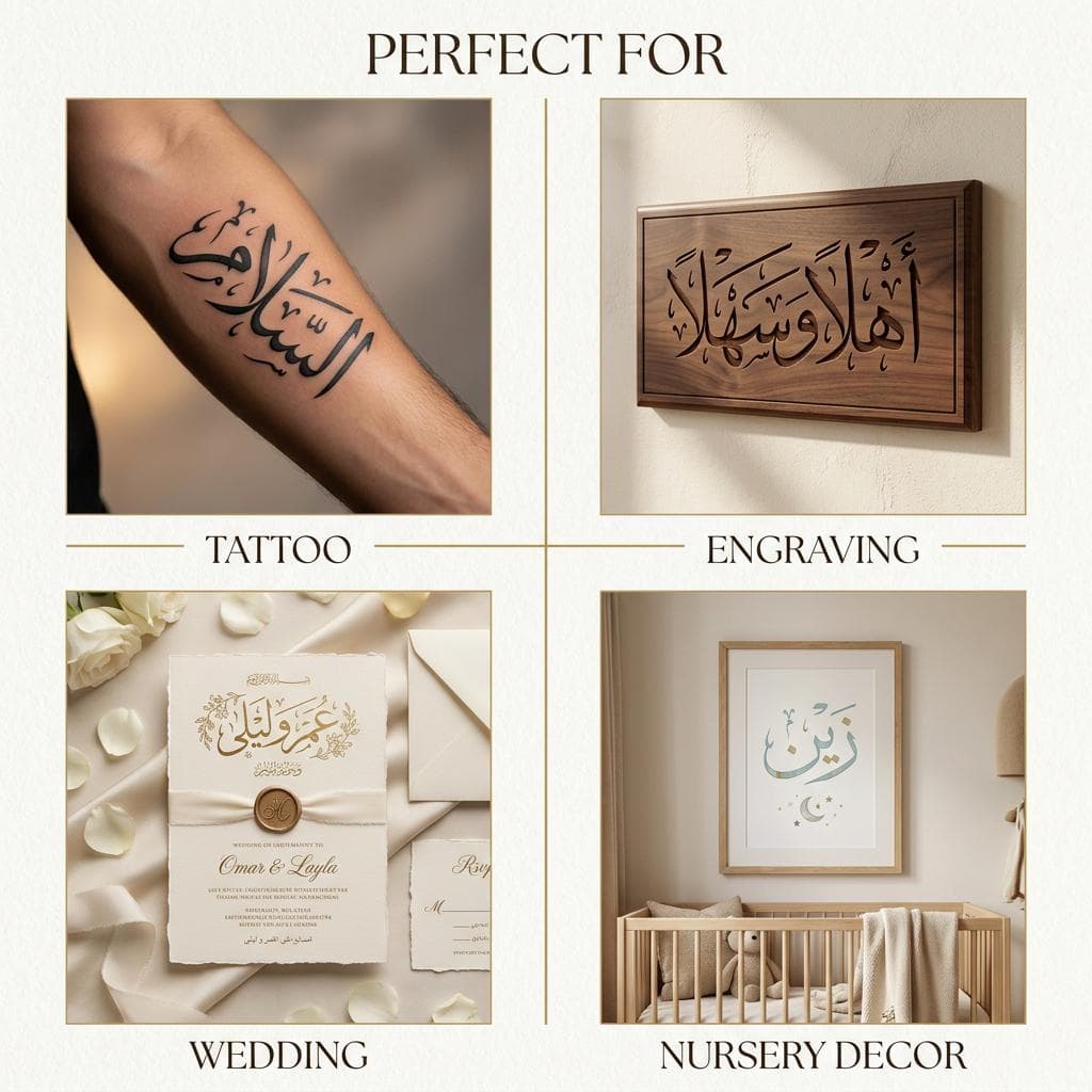 Custom Arabic calligraphy use cases tattoo wedding nursery decor engraving Omar Layla