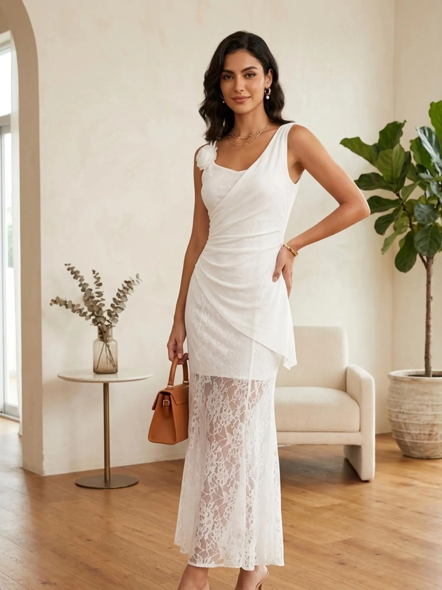 White Lace Maxi Dress, Spaghetti Strap Summer Dress, High Waist Bodycon Vacation Dress, French Elegant Long Beach Dress - image 5