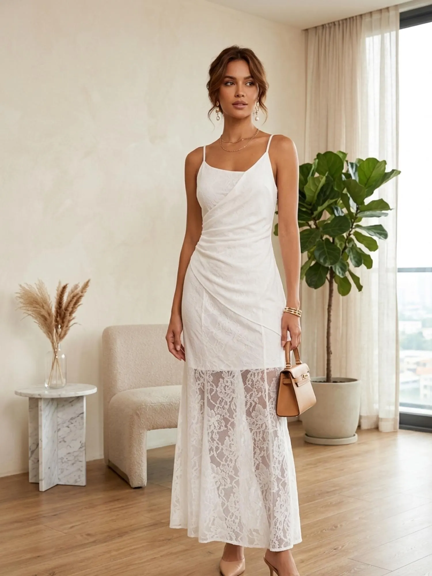 White Lace Maxi Dress, Spaghetti Strap Summer Dress, High Waist Bodycon Vacation Dress, French Elegant Long Beach Dress - image 3