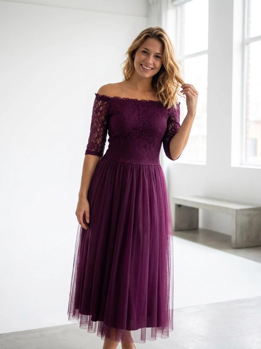 Off Shoulder Lace Midi Dress, Plum Burgundy Tulle Evening Gown, Elegant Pleated Wedding Guest Dress, Custom Tea Length Cocktail Dress 2-26W - image 4
