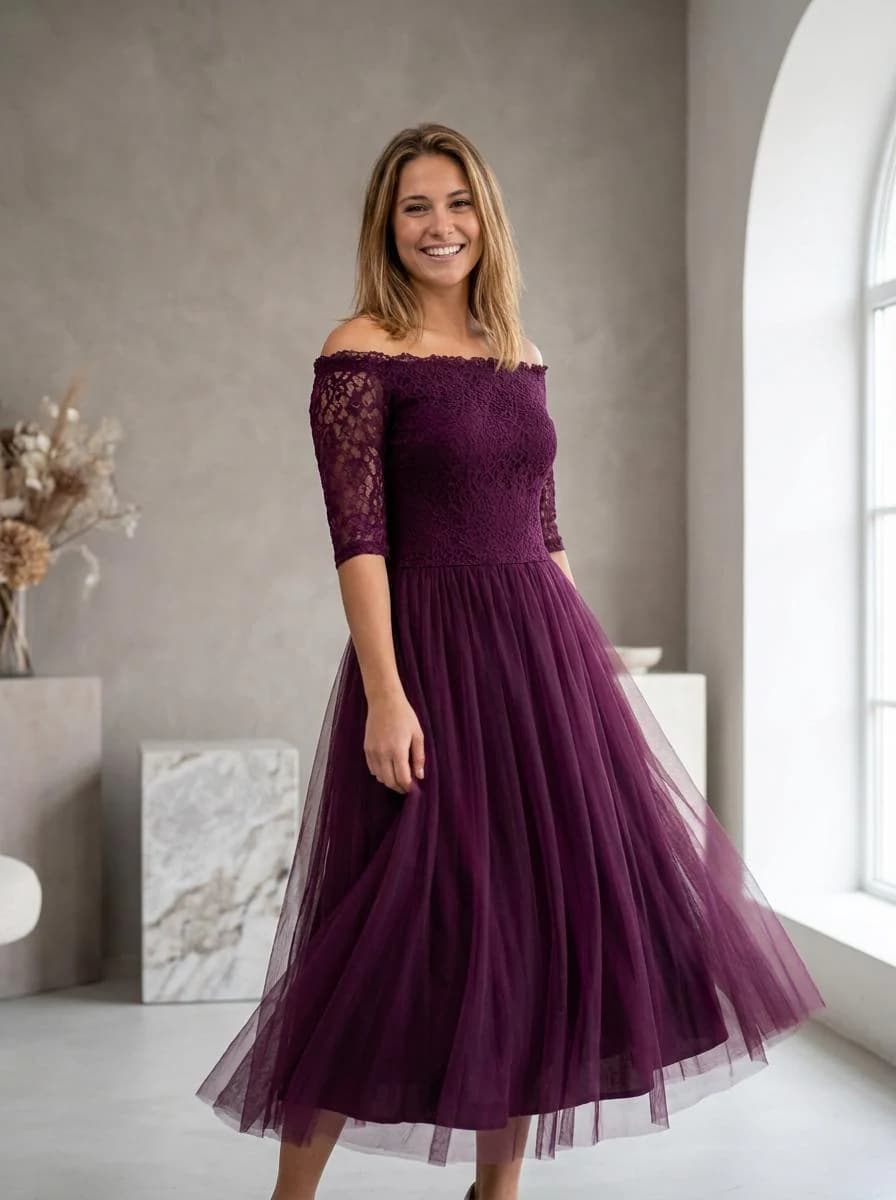 Off Shoulder Lace Midi Dress, Plum Burgundy Tulle Evening Gown, Elegant Pleated Wedding Guest Dress, Custom Tea Length Cocktail Dress 2-26W - image 3