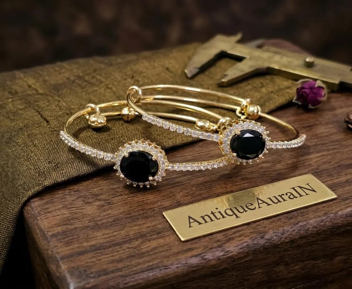 Black Onyx Kada Bangles, Bangles for Women, Gold Tone Zircon Halo Kada Adjustable Traditional Indian Bangles with Bells, Wristwear Gift - image 3