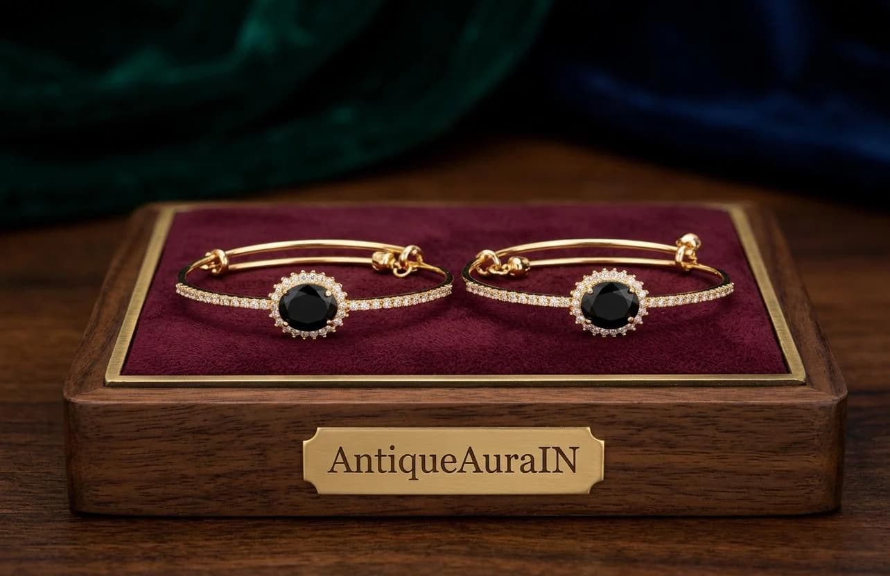 Black Onyx Kada Bangles, Bangles for Women, Gold Tone Zircon Halo Kada Adjustable Traditional Indian Bangles with Bells, Wristwear Gift - image 2