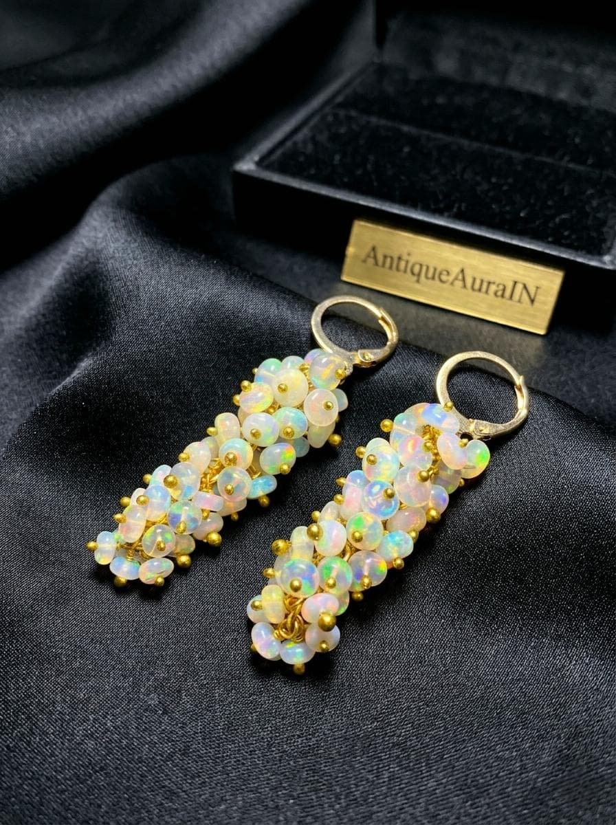 Natural Ethiopian Opal Cluster Dangle Earrings, Gold-Tone Brass Leverback, Handmade Grape Silhouette, Multi Fire Opal Earrings, Opals stone - image 4