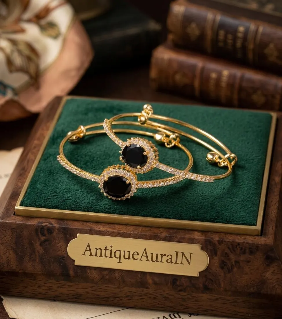 Black Onyx Kada Bangles, Bangles for Women, Gold Tone Zircon Halo Kada Adjustable Traditional Indian Bangles with Bells, Wristwear Gift - image 4