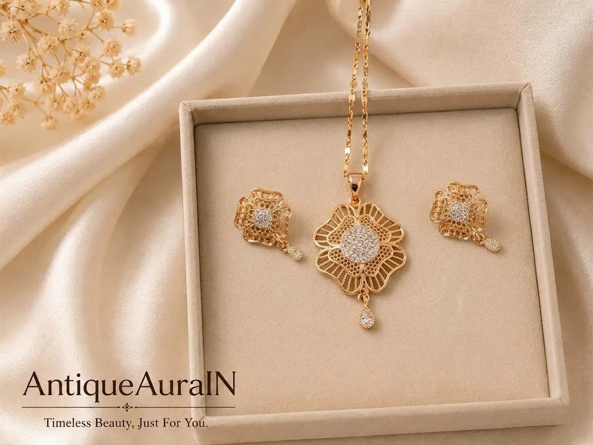Gold Tone Floral Jewelry Set, Ornate Filigree Pendant Necklace, CZ Stud Earrings, Antique Style - image 3