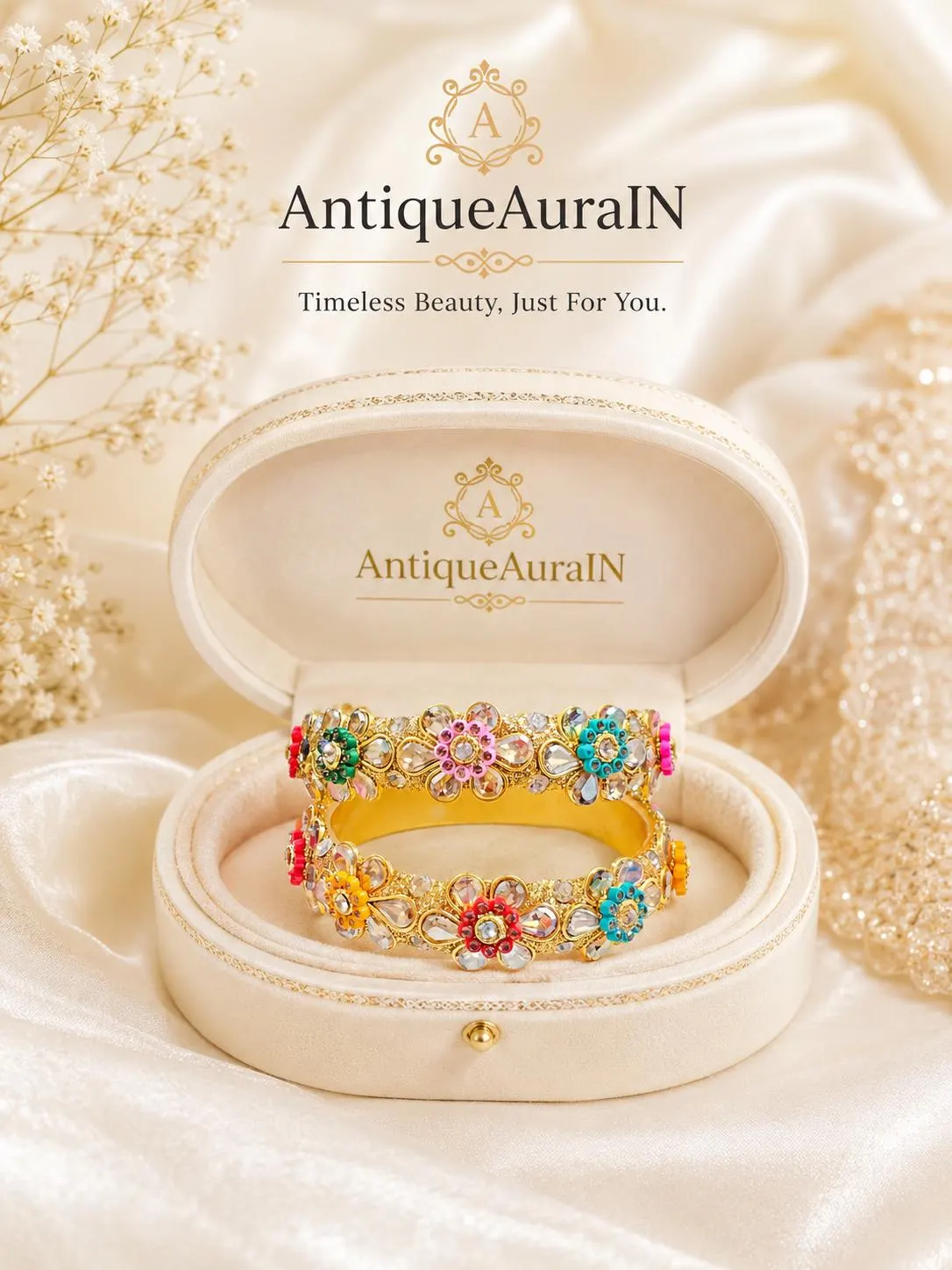 Gold Tone Floral Bangles – Colorful Crystal Kada Set, Festive Indian Jewelry - image 3
