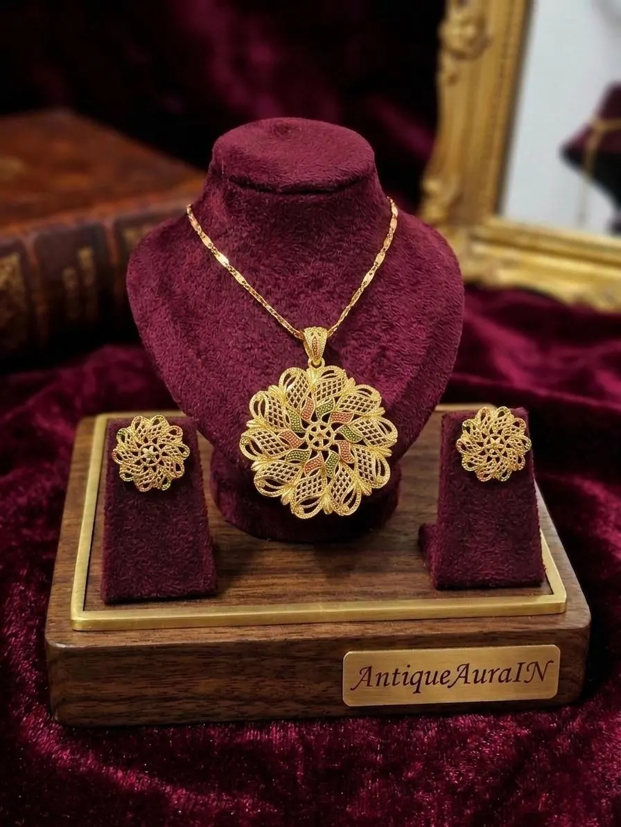 Gold Tone Filigree Mandala Necklace and Studs Set, Minakari Accent Pendant Earrings, Womens Necklace Set, Boho Floral Jewelry - image 3