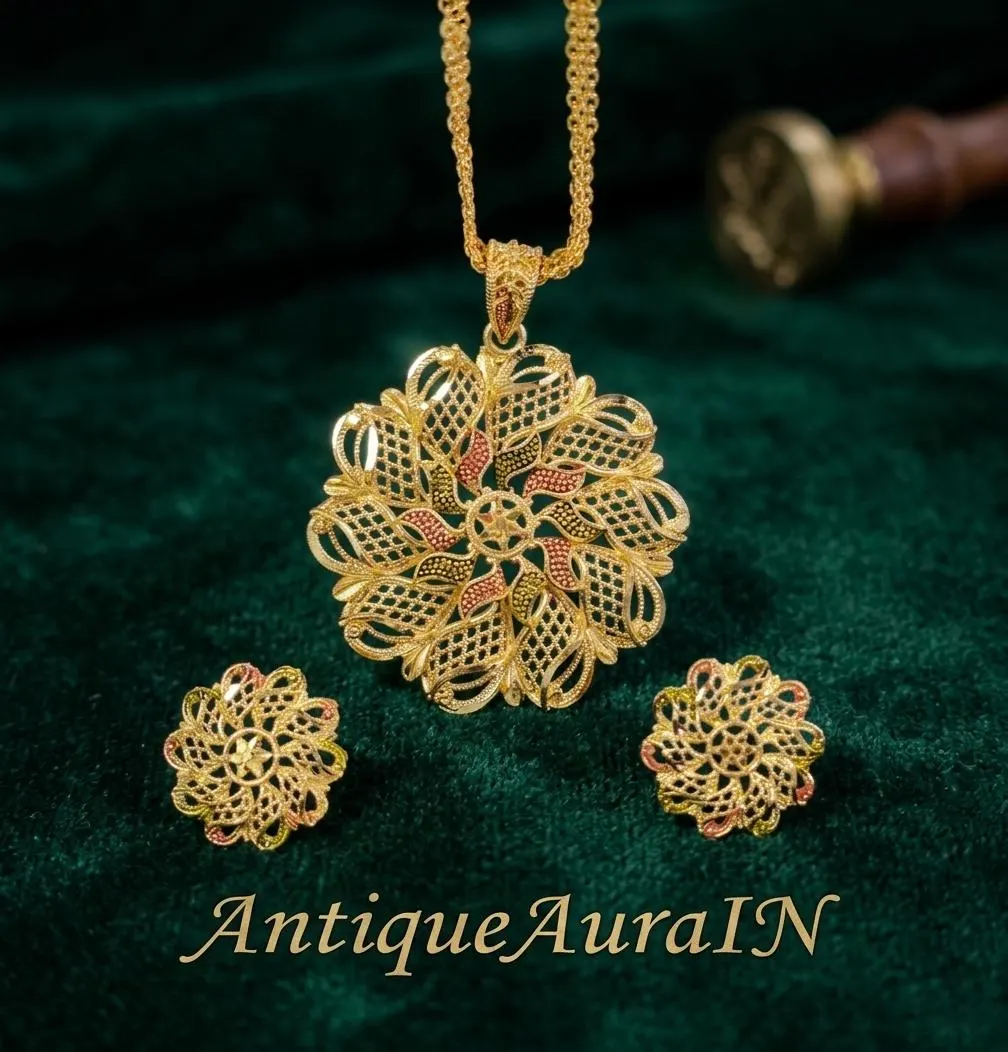 Gold Tone Filigree Mandala Necklace and Studs Set, Minakari Accent Pendant Earrings, Womens Necklace Set, Boho Floral Jewelry - image 4