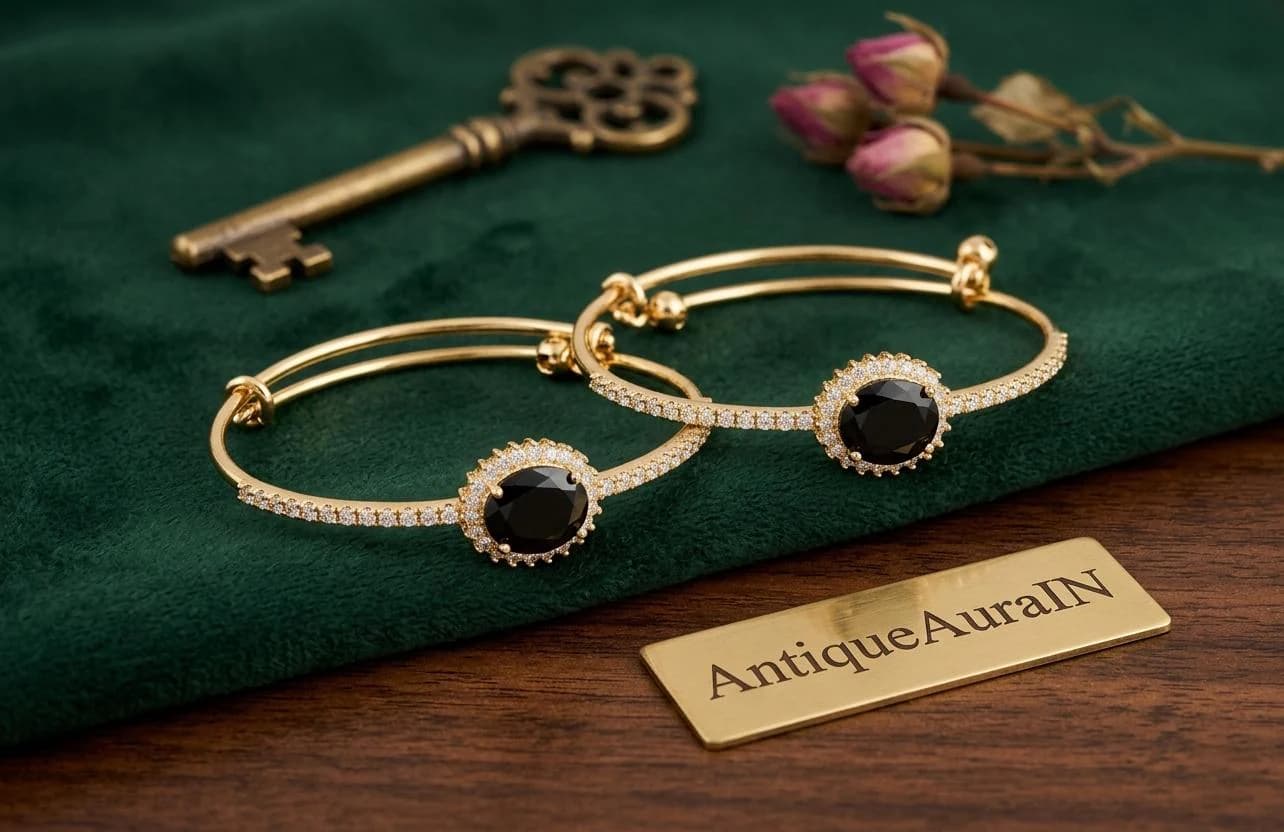 Black Onyx Kada Bangles, Bangles for Women, Gold Tone Zircon Halo Kada Adjustable Traditional Indian Bangles with Bells, Wristwear Gift