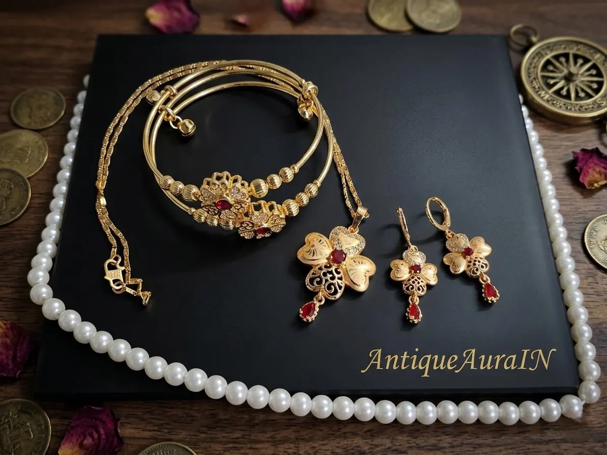 AAA Quality Jewelry Set, Pendant Earrings Or Bangles Bridal Jewelry Set, Ruby Red Stone Necklace Pendant, Gold Tone Filigree Jewelry For Her - image 2