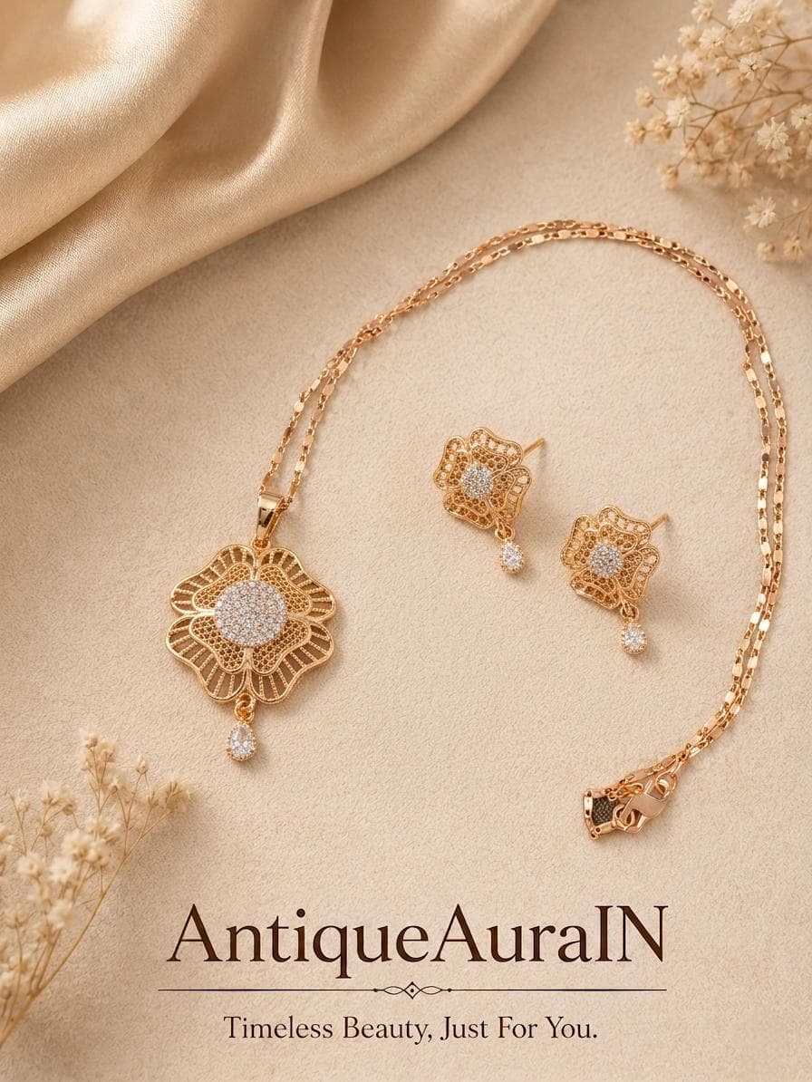 Gold Tone Floral Jewelry Set, Ornate Filigree Pendant Necklace, CZ Stud Earrings, Antique Style - image 2