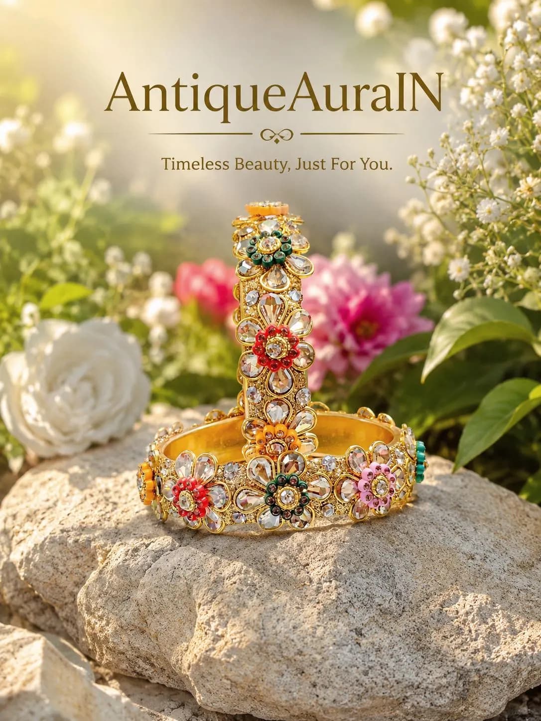 Gold Tone Floral Bangles – Colorful Crystal Kada Set, Festive Indian Jewelry - image 2
