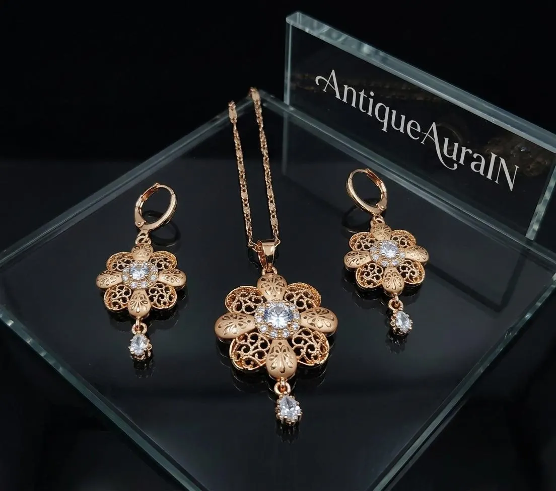 Antique Gold Tone Mesh Flower Jewelry Set | Victorian Inspired Filigree Necklace Set | Clear Stone Dangle Earrings | Romantic Gift for Her - image 4