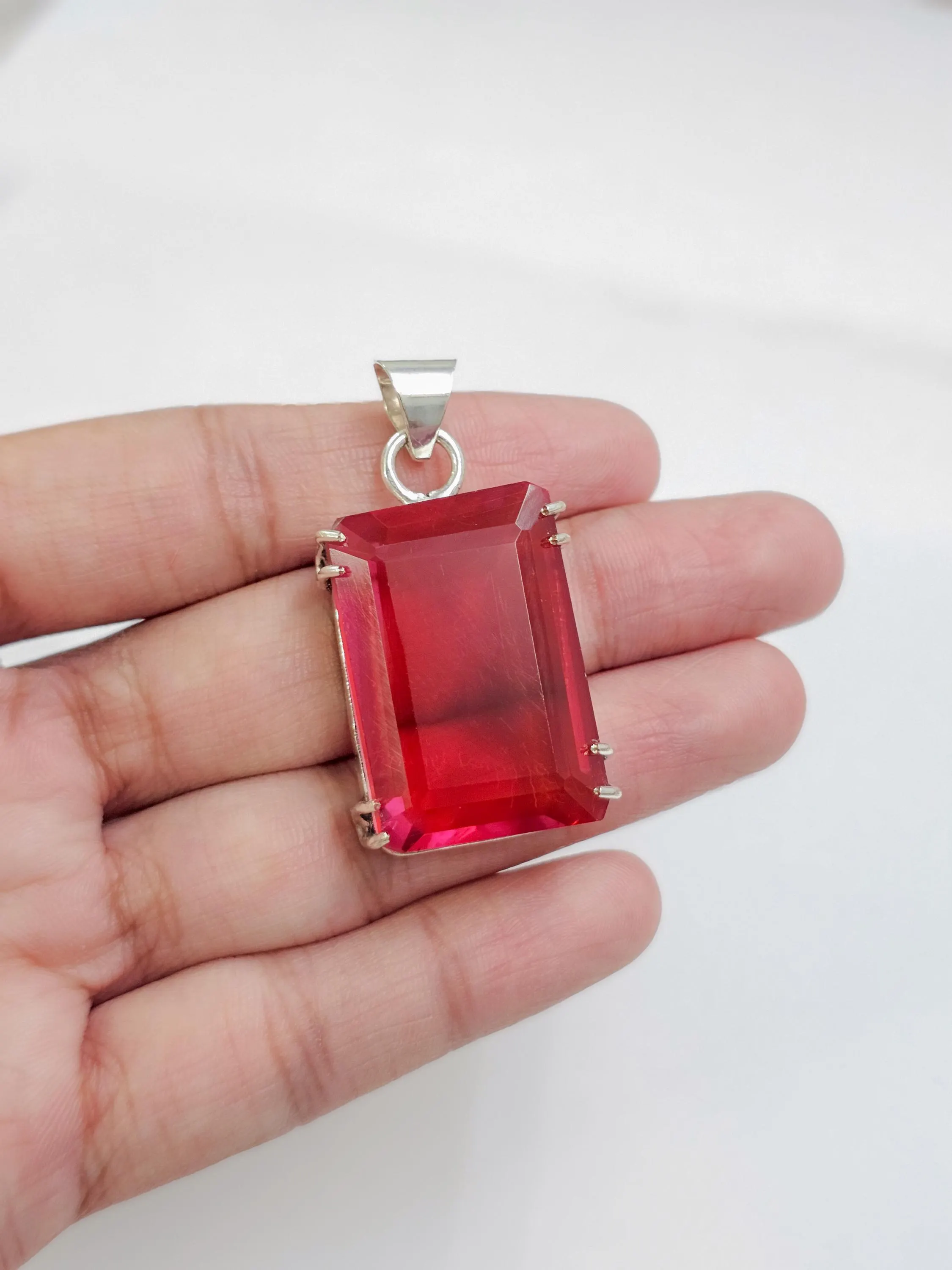 Red garnet charm pendant, Emerald cut gemstone necklace, Silver plated pendant, Vintage style statment jewelry, Handmade Gift for man/women - image 4