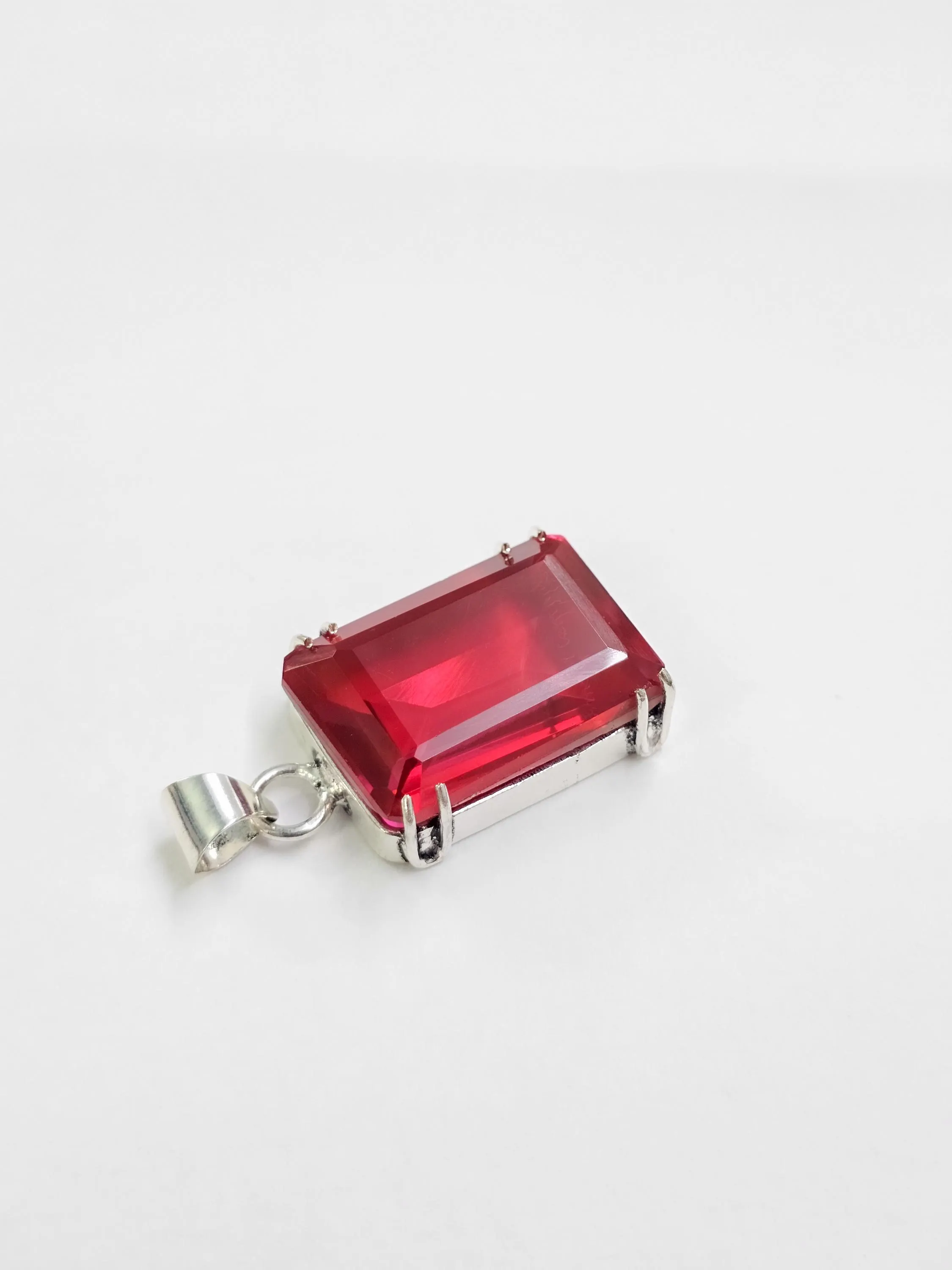 Red garnet charm pendant, Emerald cut gemstone necklace, Silver plated pendant, Vintage style statment jewelry, Handmade Gift for man/women - image 2