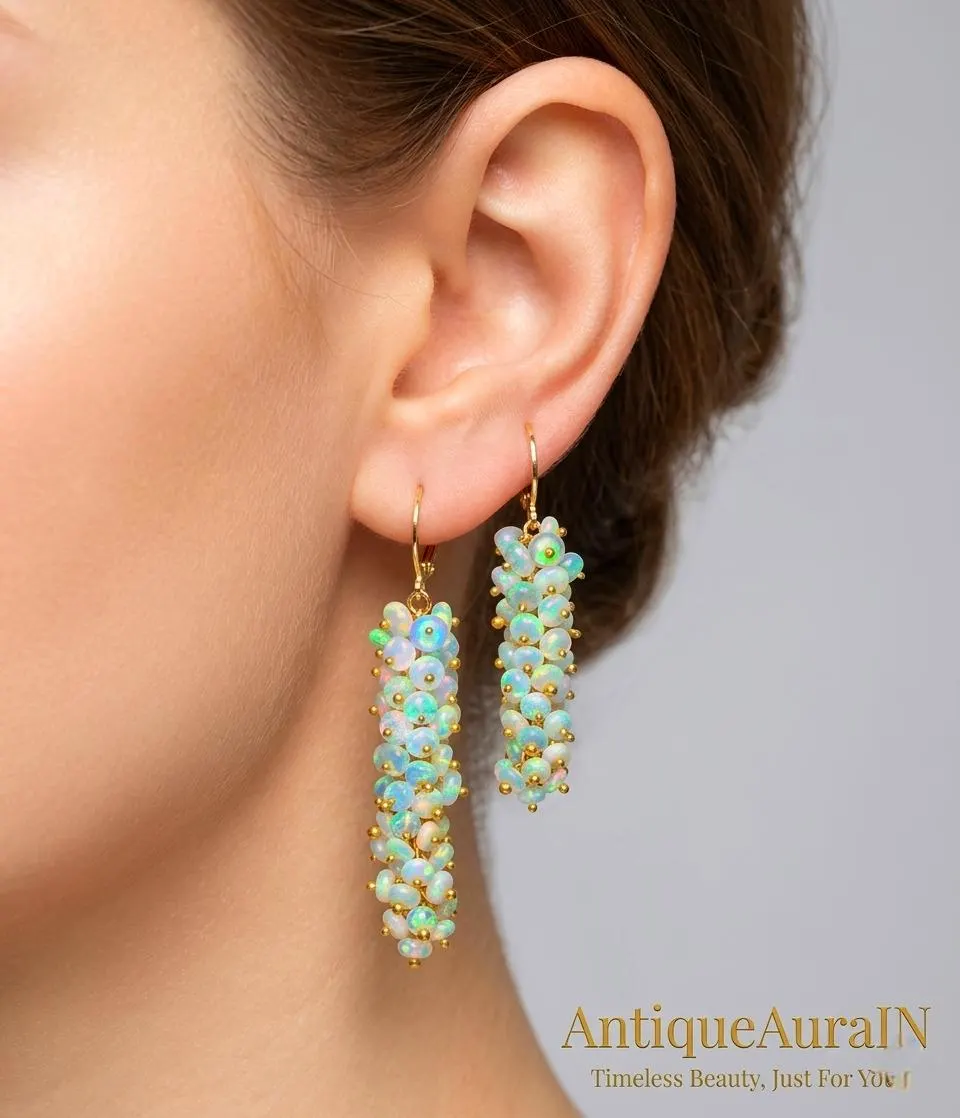 Natural Ethiopian Opal Cluster Dangle Earrings, Gold-Tone Brass Leverback, Handmade Grape Silhouette, Multi Fire Opal Earrings, Opals stone - image 2