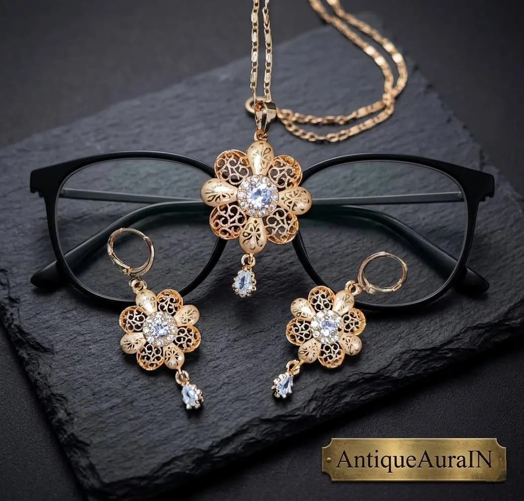 Antique Gold Tone Mesh Flower Jewelry Set | Victorian Inspired Filigree Necklace Set | Clear Stone Dangle Earrings | Romantic Gift for Her - image 2