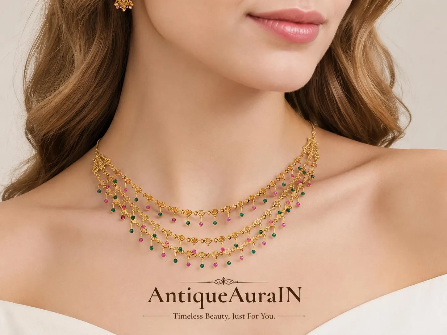 Gold Tone Layered Necklace, Pink Green Bead Dangling Charm, Traditional Indian Festive Jewelry