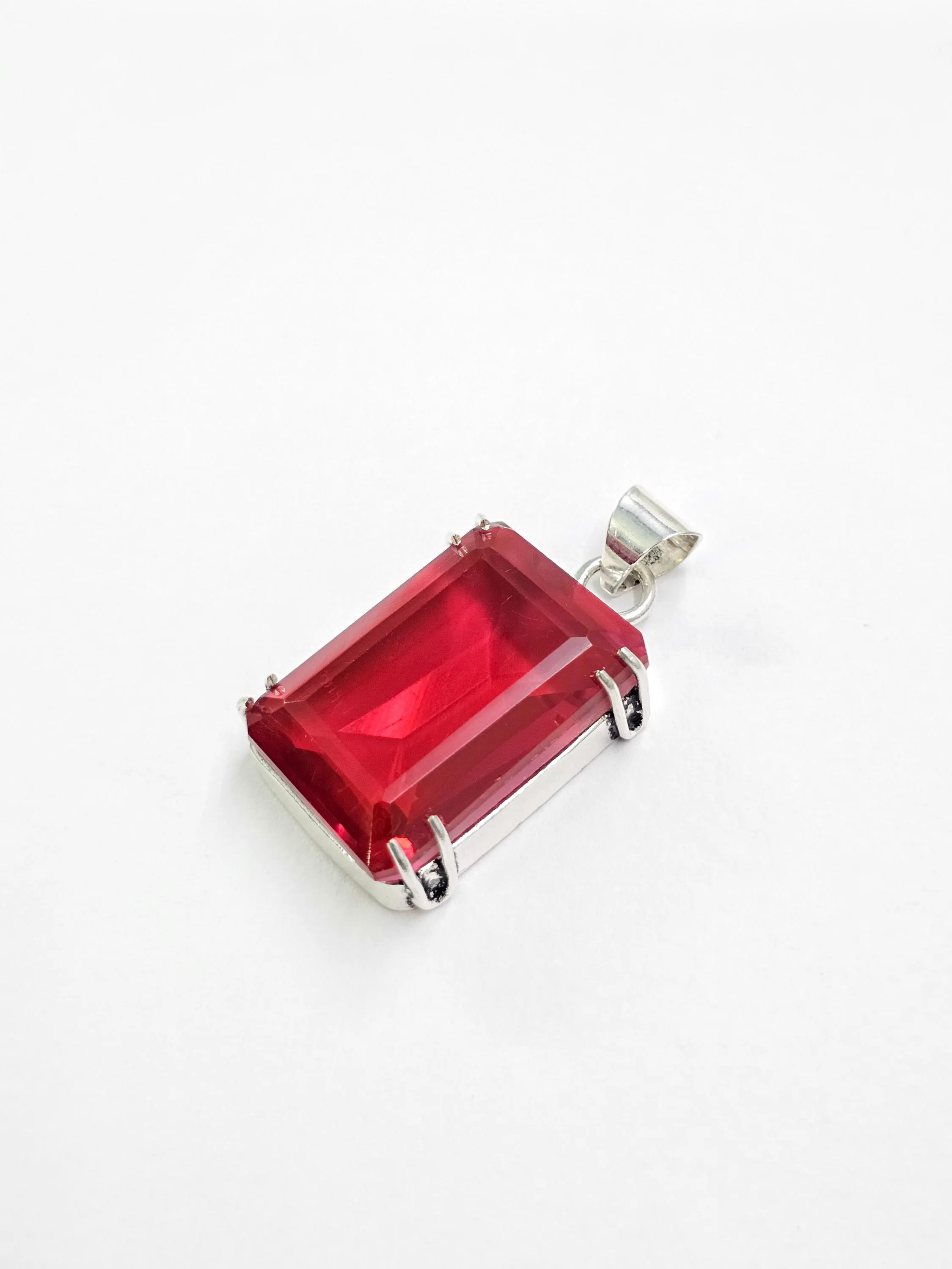 Red garnet charm pendant, Emerald cut gemstone necklace, Silver plated pendant, Vintage style statment jewelry, Handmade Gift for man/women