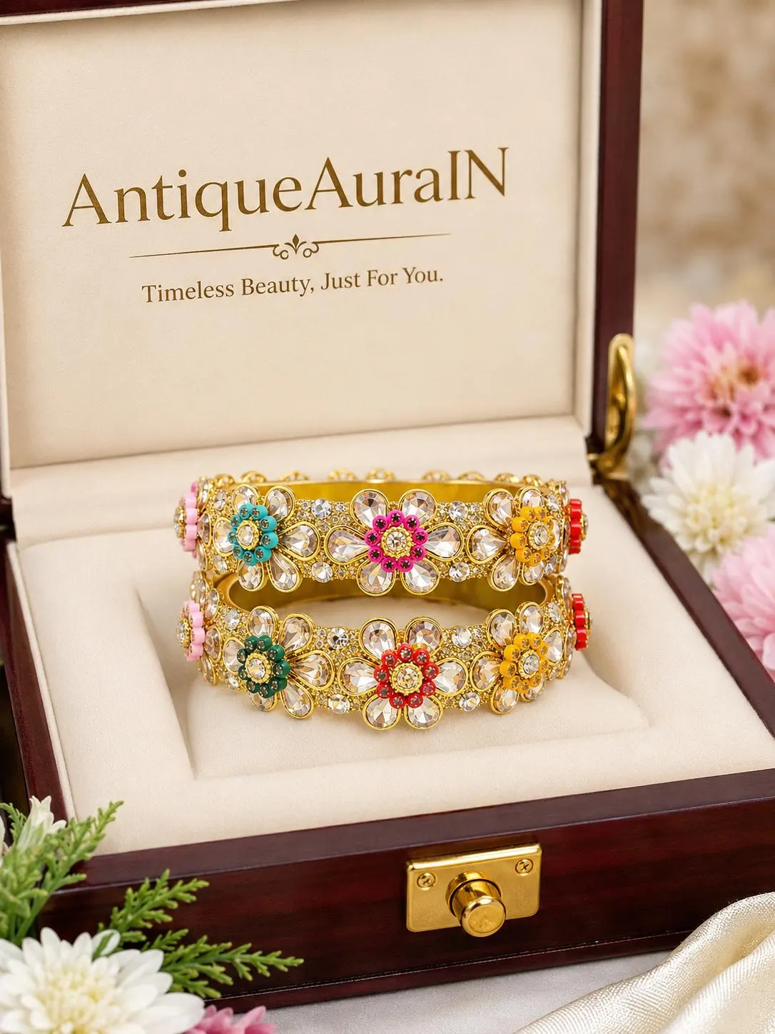 Gold Tone Floral Bangles – Colorful Crystal Kada Set, Festive Indian Jewelry